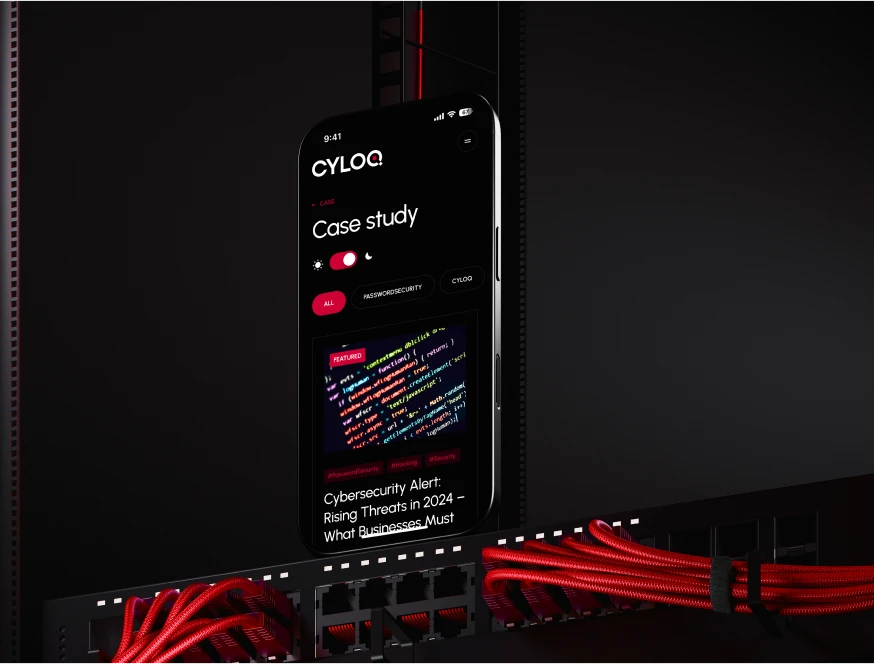 Cyloq mobile app case study screen on a phone, shown against server rack with red cables