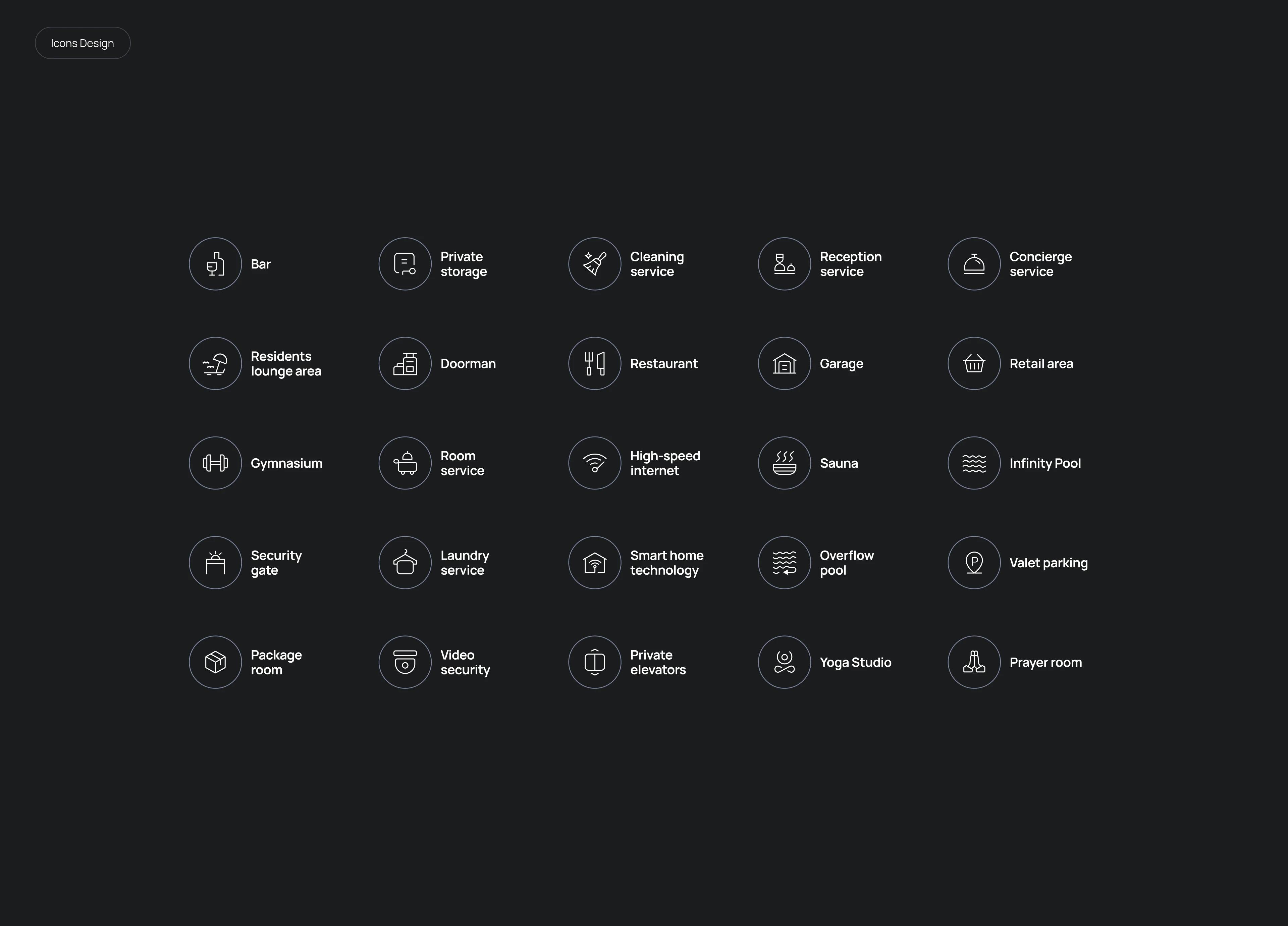 Refined Luxury amenity icon set: bar, concierge, gym, sauna, pool, valet parking and more