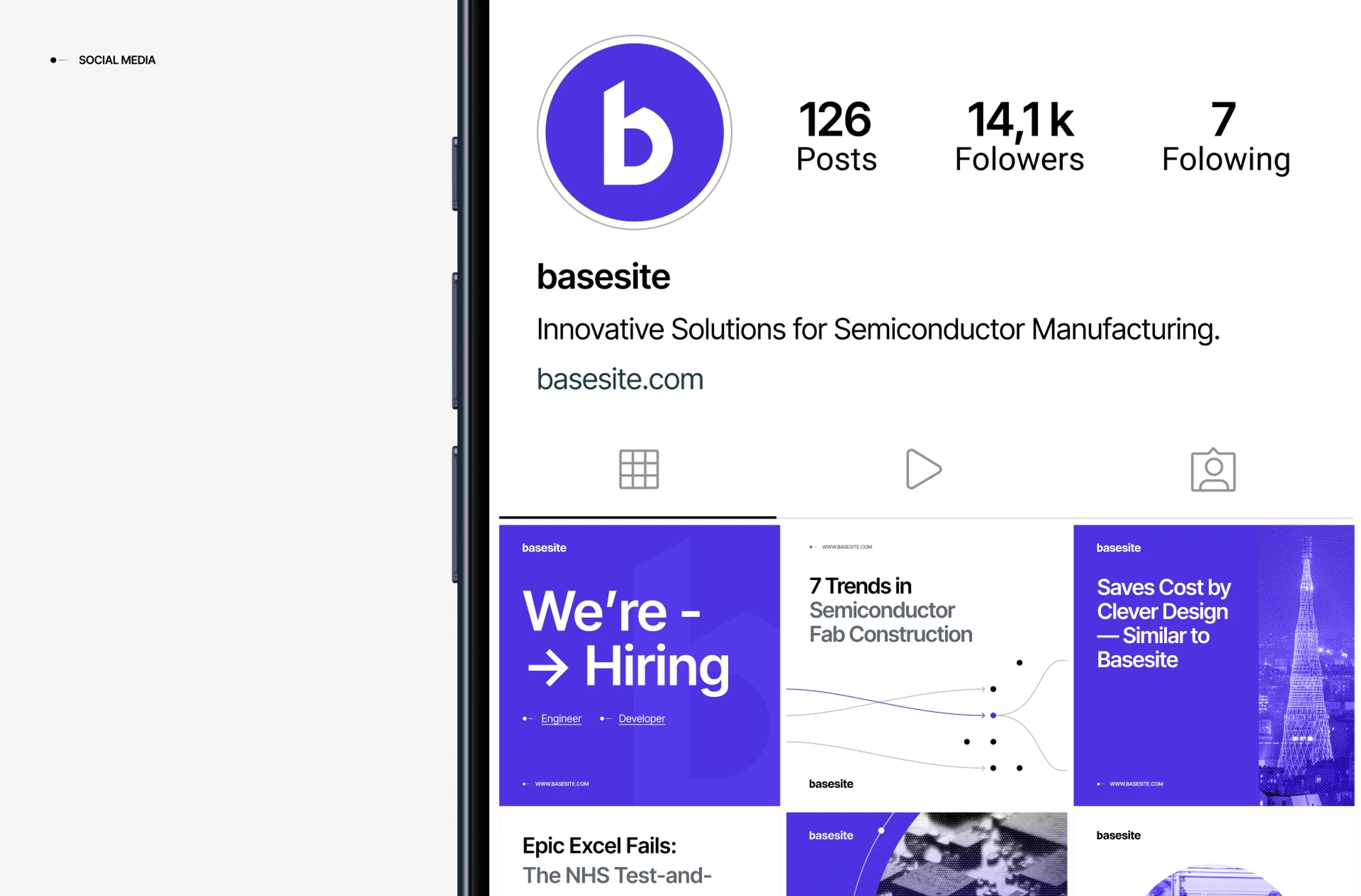 Basesite Instagram profile with branded violet and white post templates