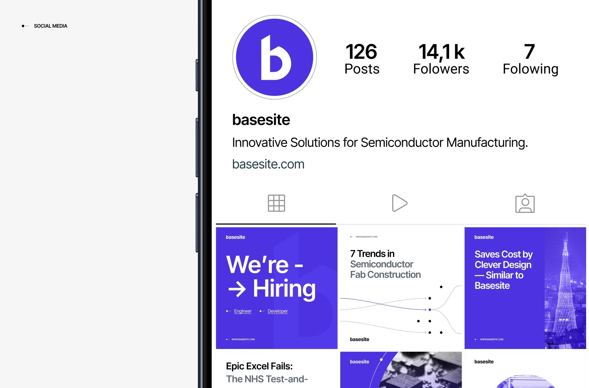 Basesite Instagram profile with branded violet and white post templates