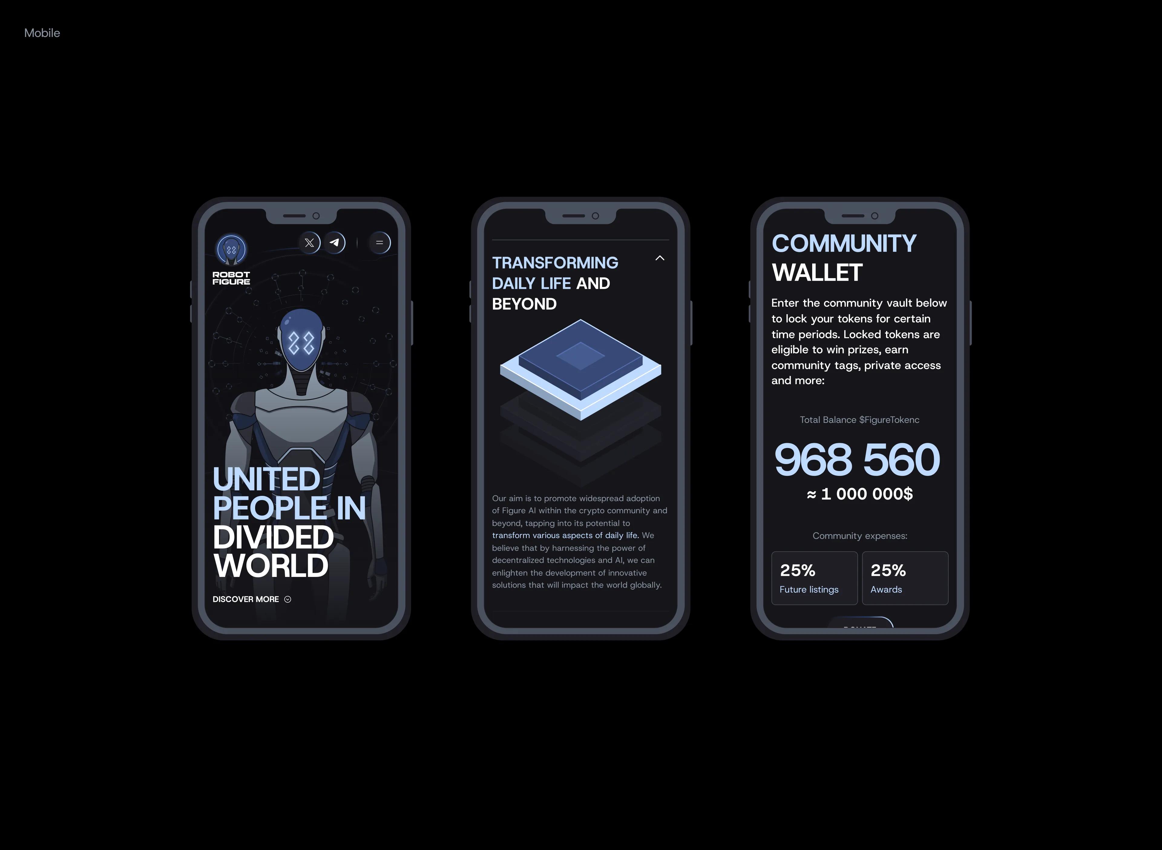 Robot Figure mobile screens: hero, Transforming Daily Life and Community Wallet balance