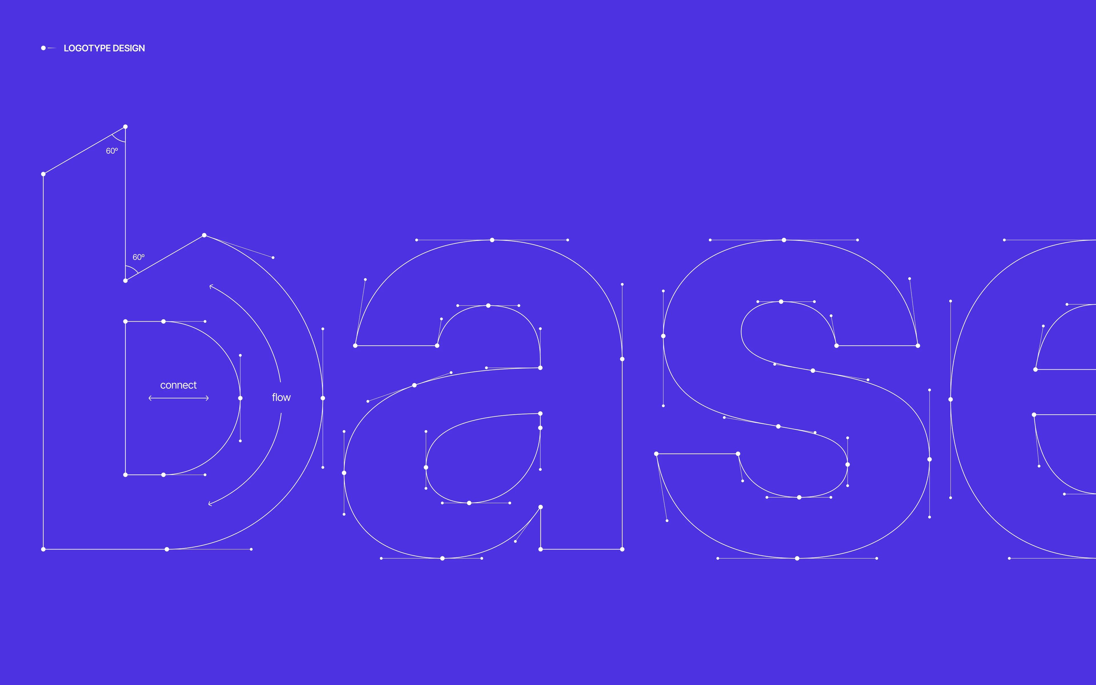 Basesite logotype construction: outlined letterforms with bezier points and angle guides on violet