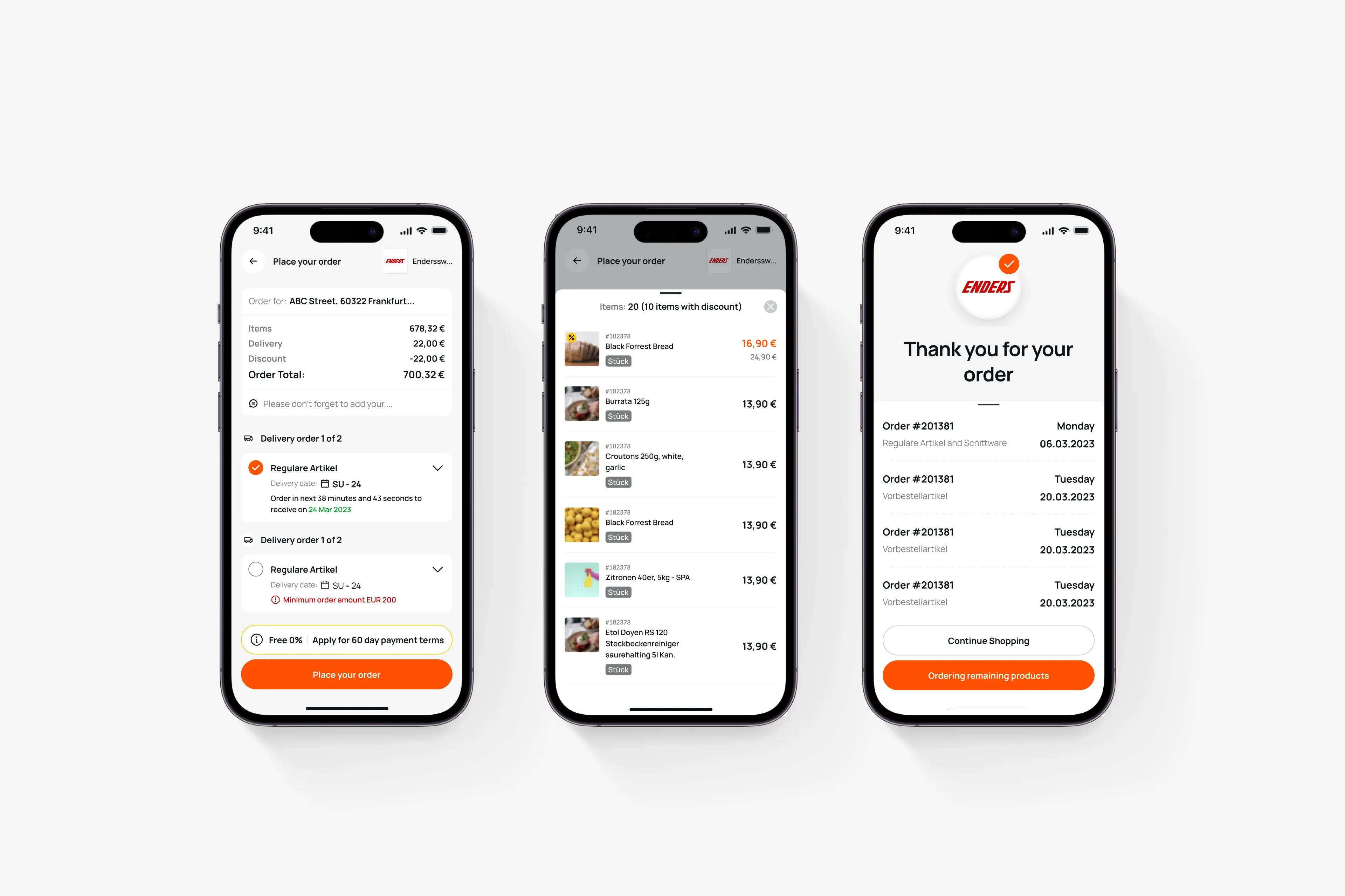 Three ChefsList order screens: place your order, discounted item list and order confirmation