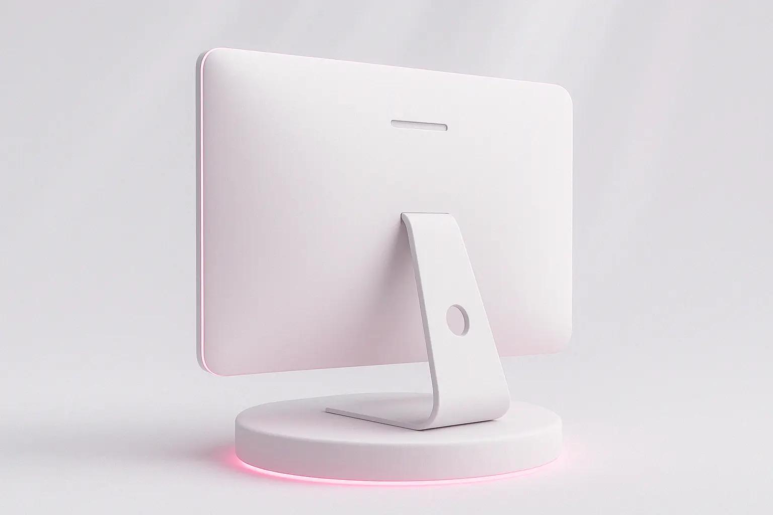 White desktop monitor seen from behind on a round stand with a soft pink glow
