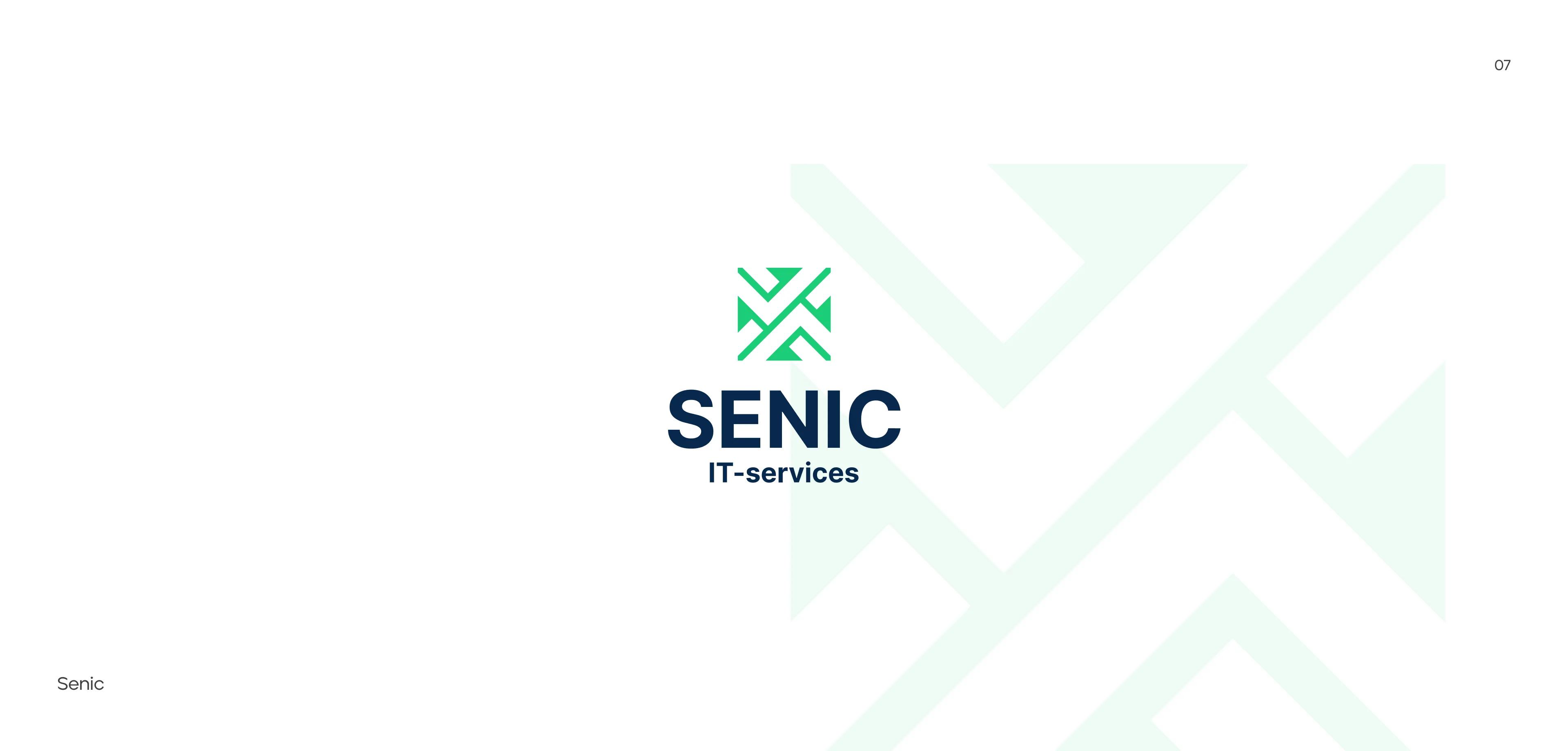 Senic IT-services logo: green converging-arrows mark above a navy wordmark