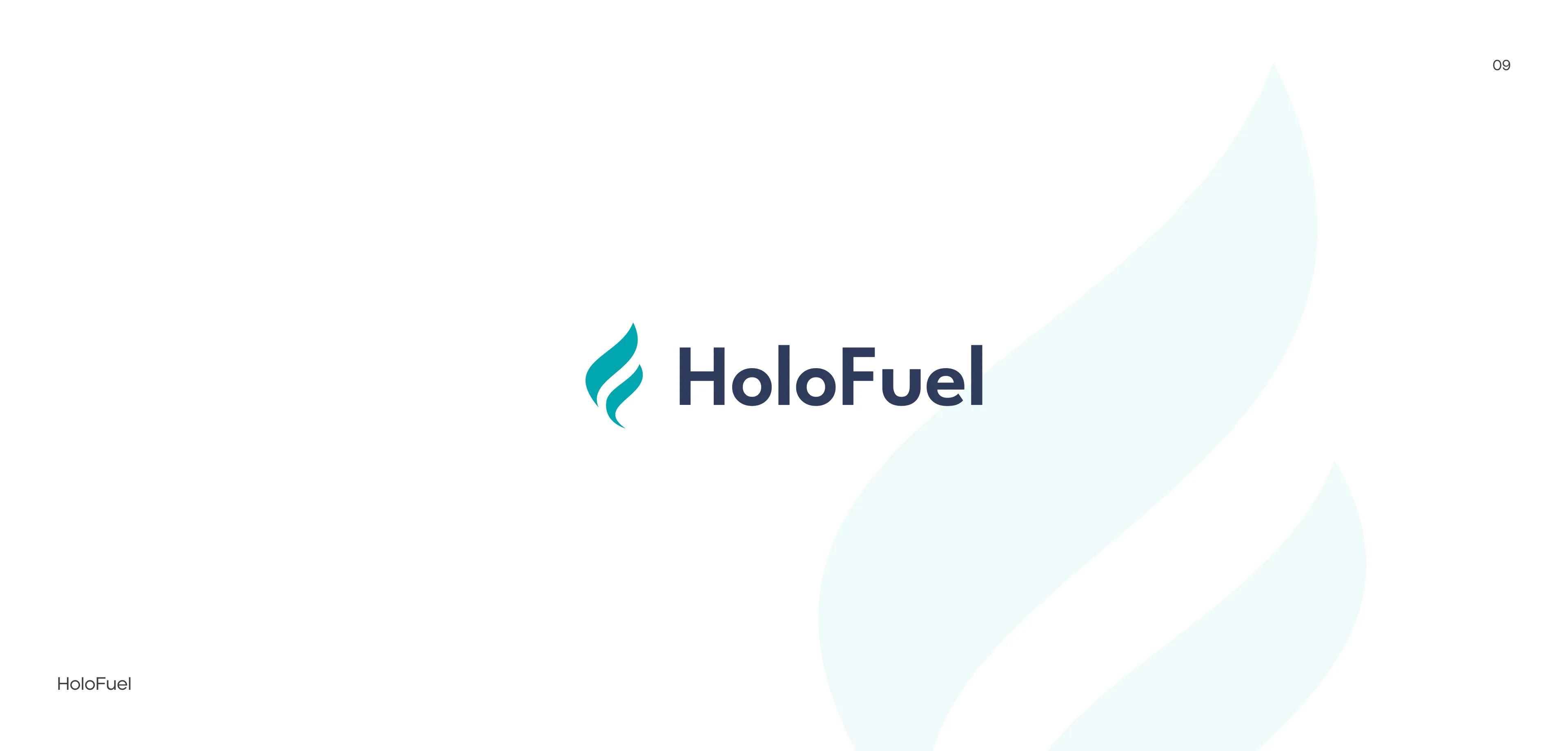 HoloFuel logo: teal flame mark beside a navy wordmark