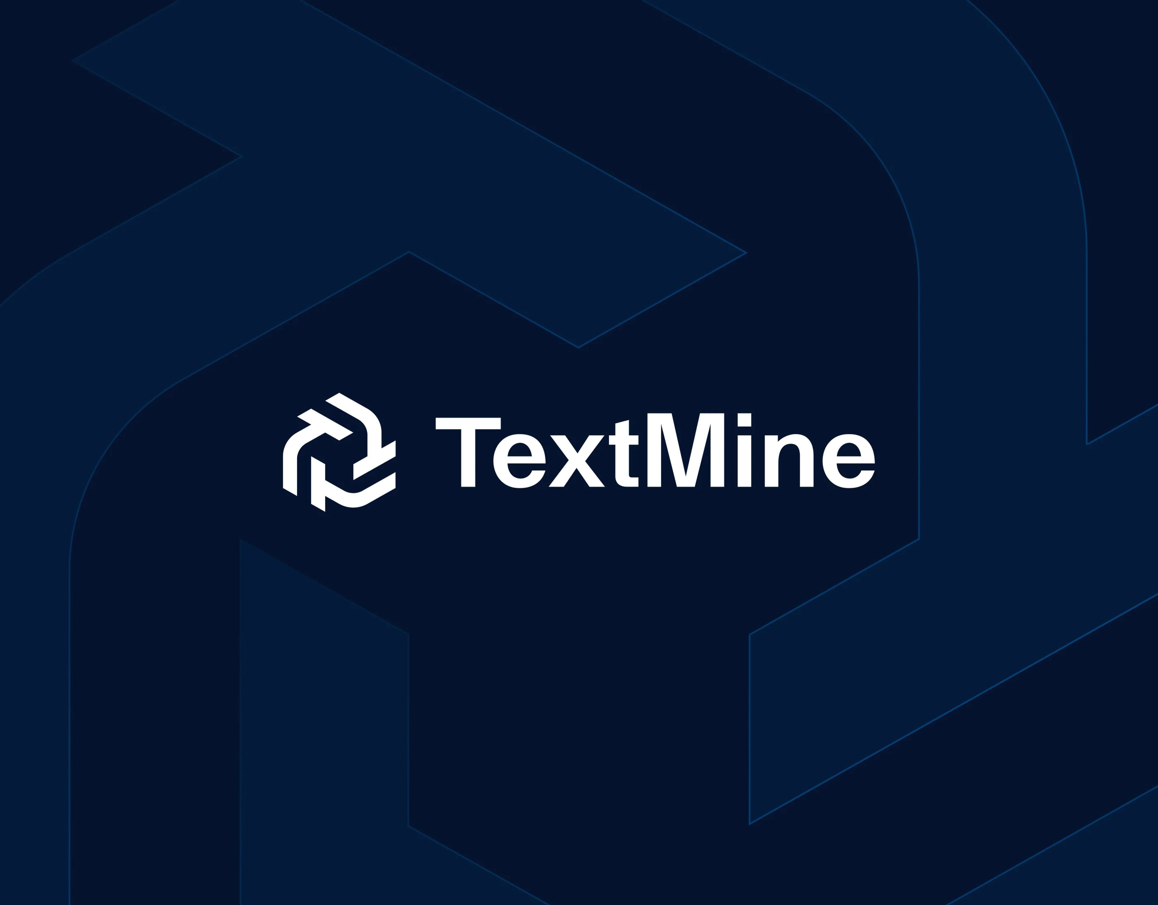 TextMine logo centered on a dark blue background with geometric line patterns, featuring a stylized icon beside the bold white text.