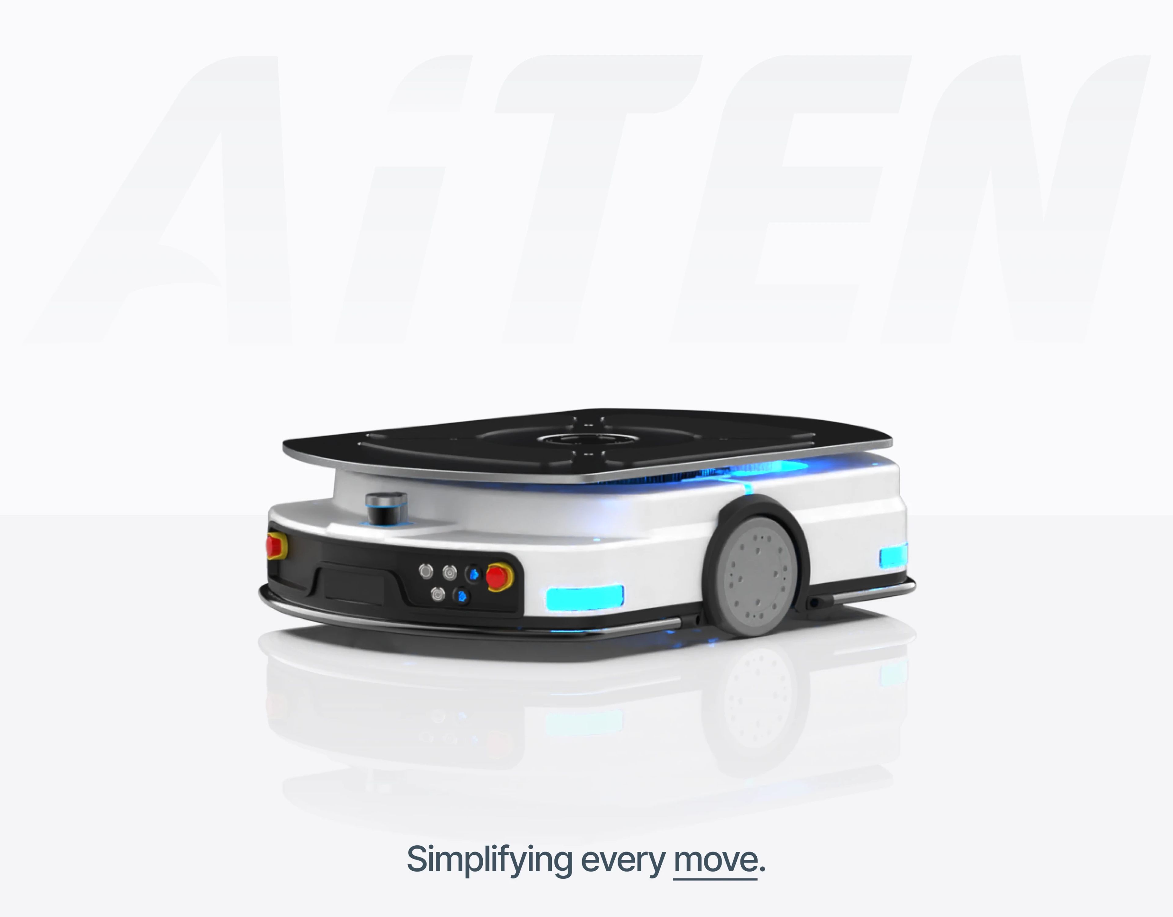 Autonomous robotic platform by AiTEN with a futuristic white and black design, featuring blue LED accents, optimizing logistics and automation.