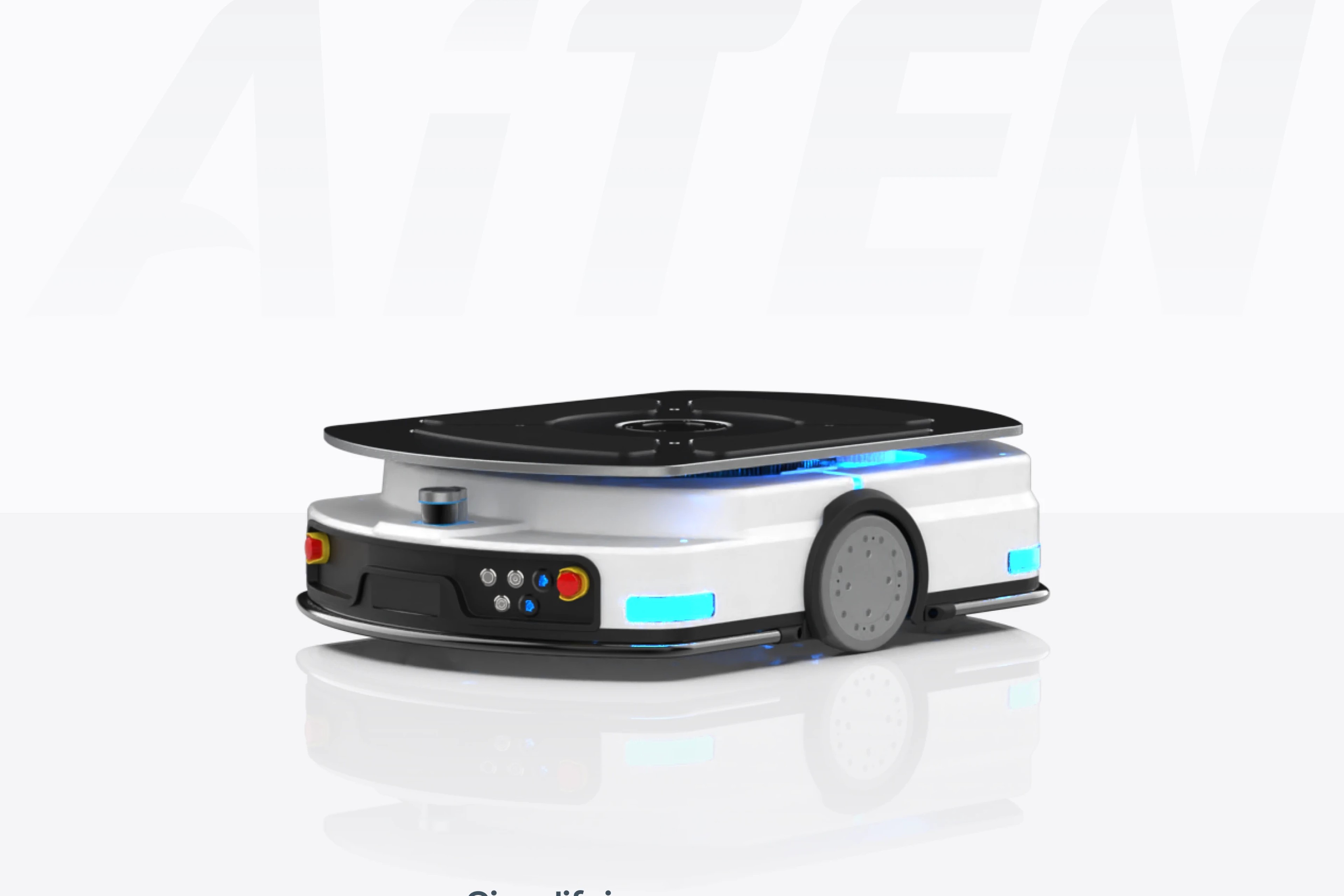 Autonomous robotic platform by AiTEN with a futuristic white and black design, featuring blue LED accents, optimizing logistics and automation.