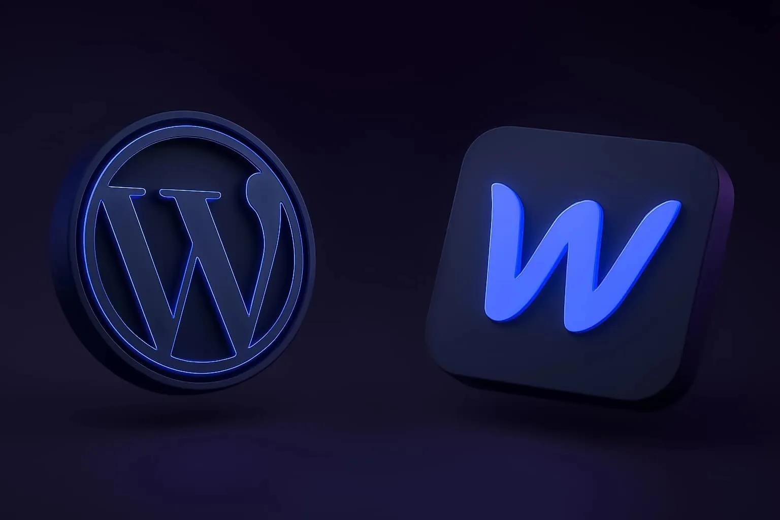 3D-rendered logos of Webflow and WordPress with glowing blue effects, representing a visual comparison of web development platforms.