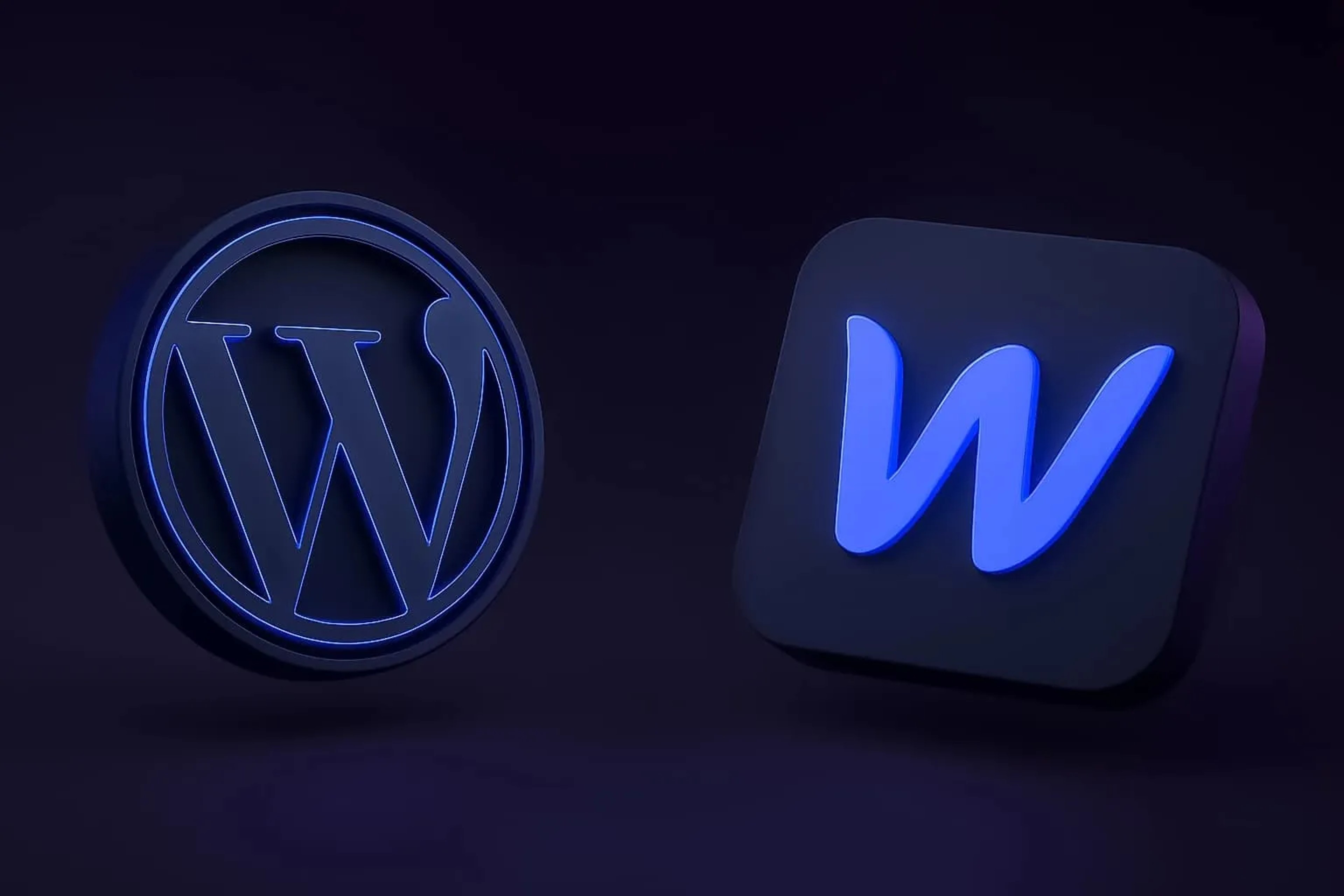 3D-rendered logos of Webflow and WordPress with glowing blue effects, representing a visual comparison of web development platforms.