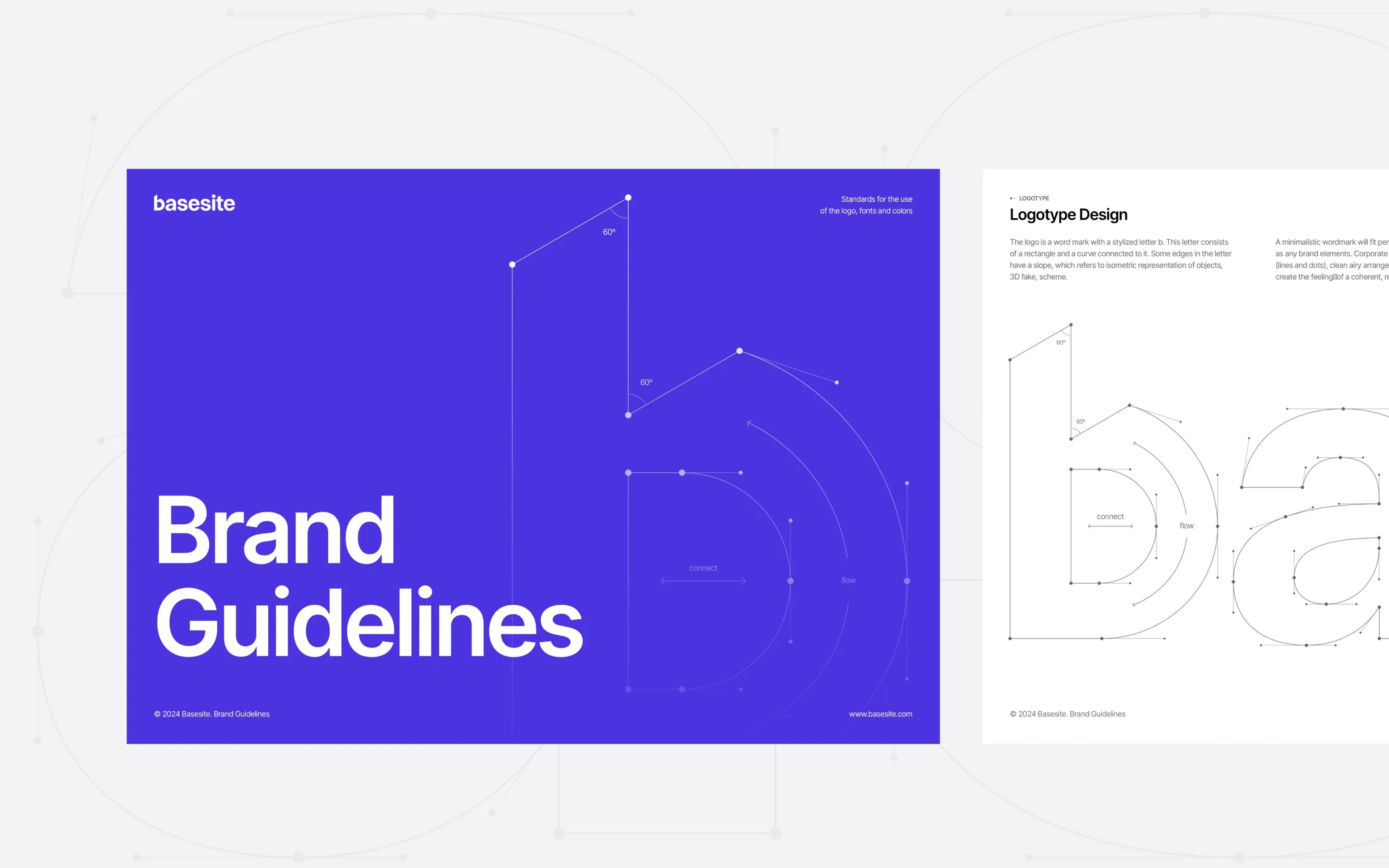 Cover of brand guidelines showing logo construction, typography, and visual identity design on purple and white backgrounds.