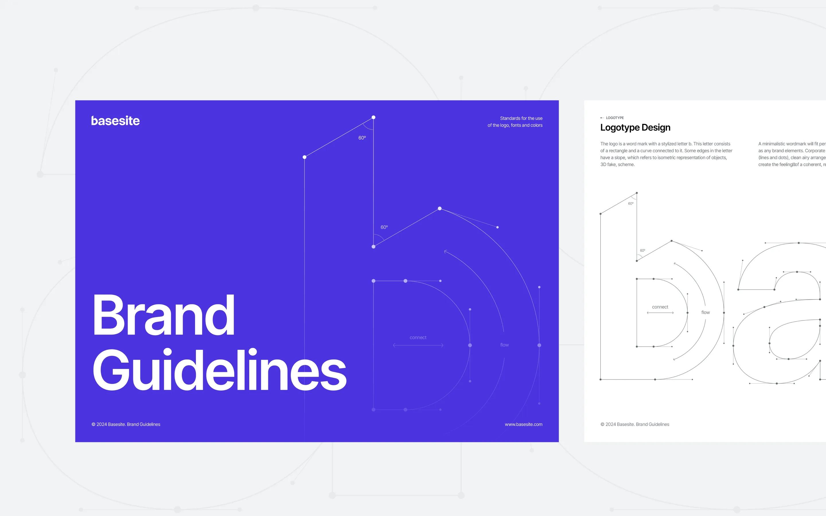 Cover of brand guidelines showing logo construction, typography, and visual identity design on purple and white backgrounds.