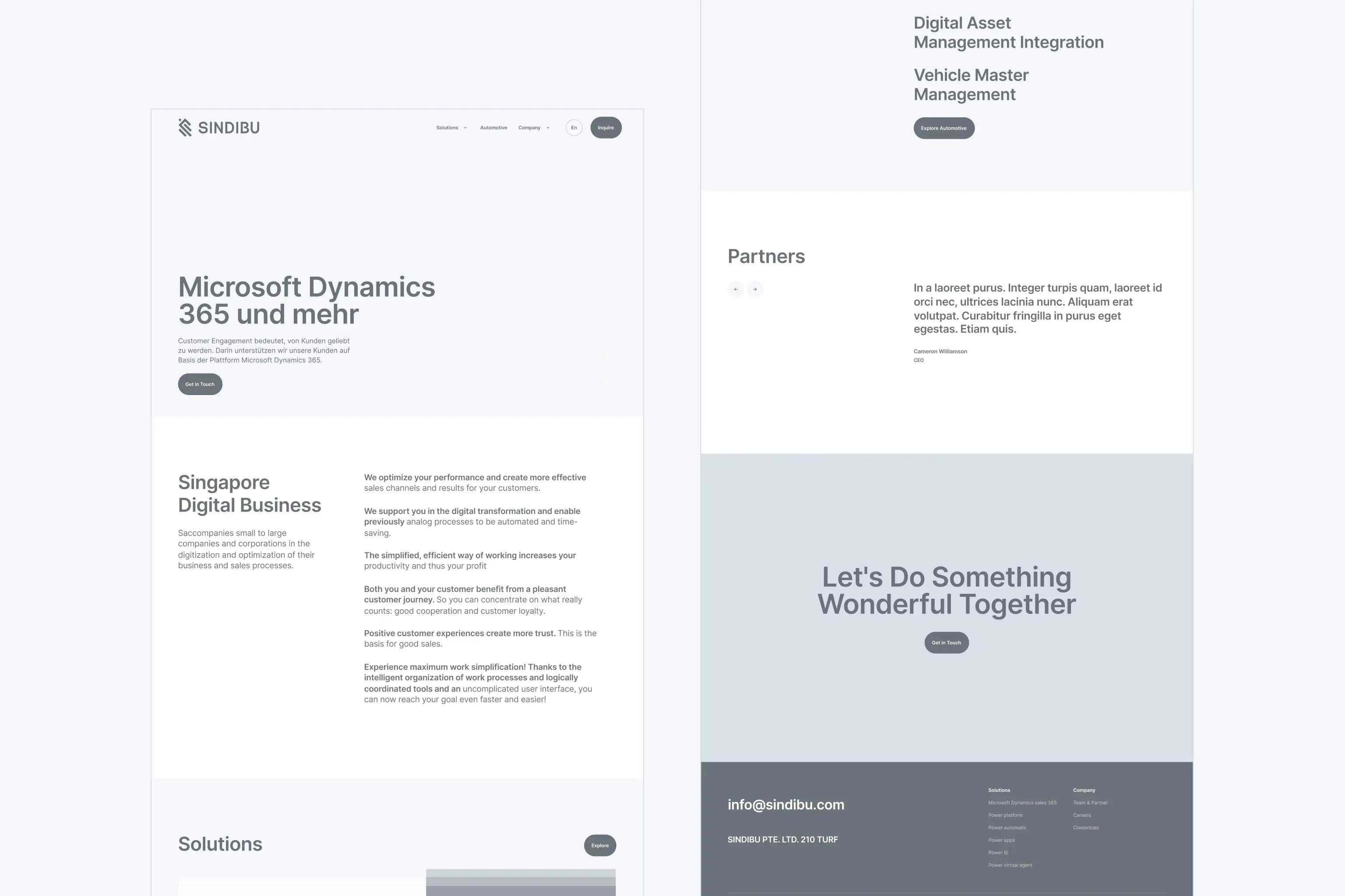 Clean landing page design for Sindibu digital solutions, showcasing Microsoft Dynamics and business automation services.