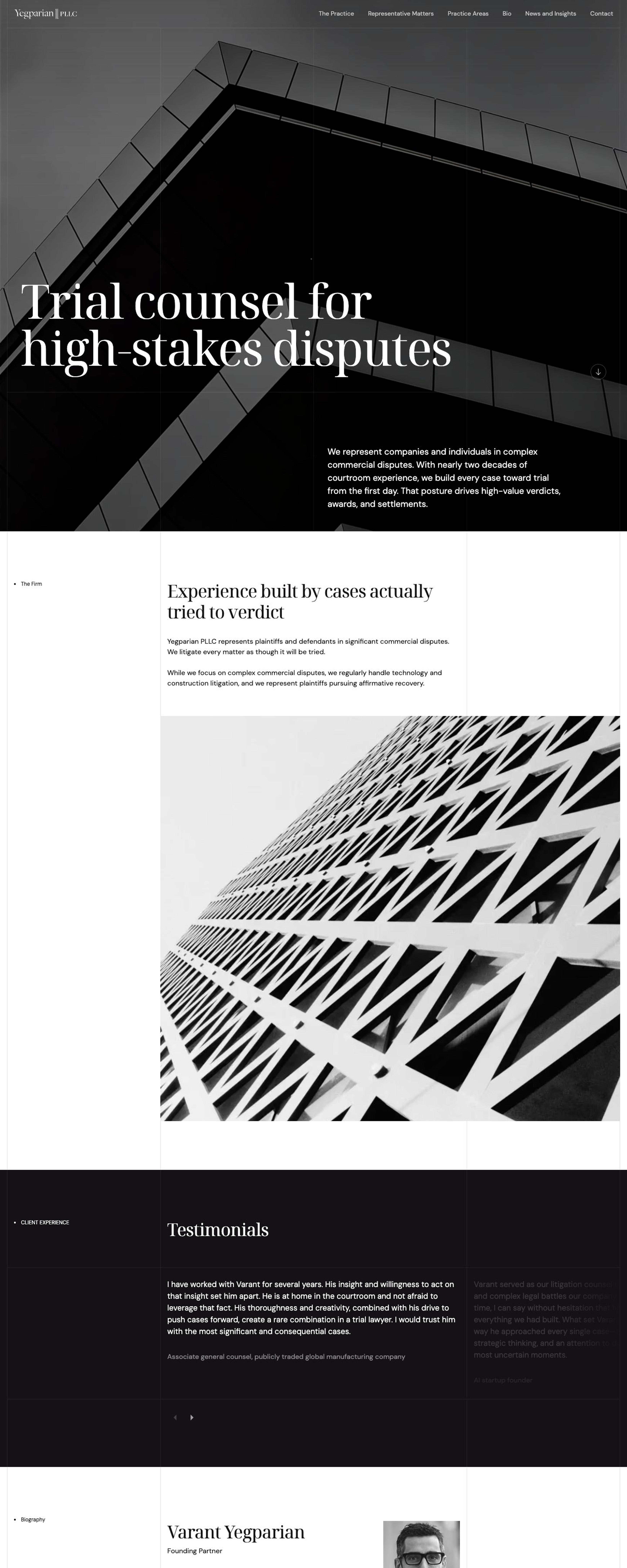 Yegparian PLLC homepage: "Trial counsel for high-stakes disputes" over a black-and-white building facade