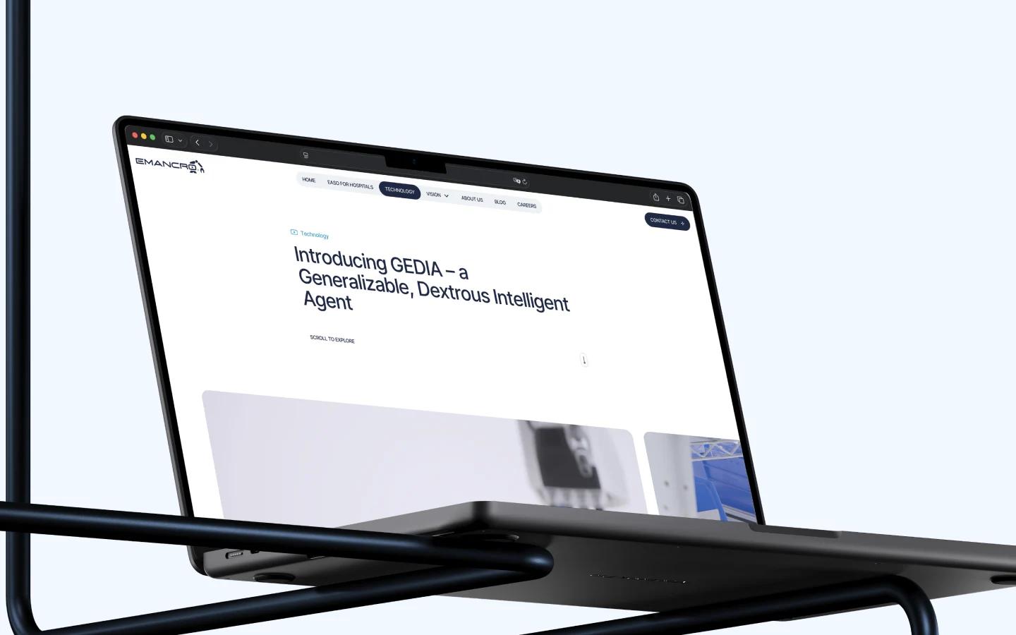 Laptop screen showcasing the Emancro website's product page for GEDIA robotic solution.