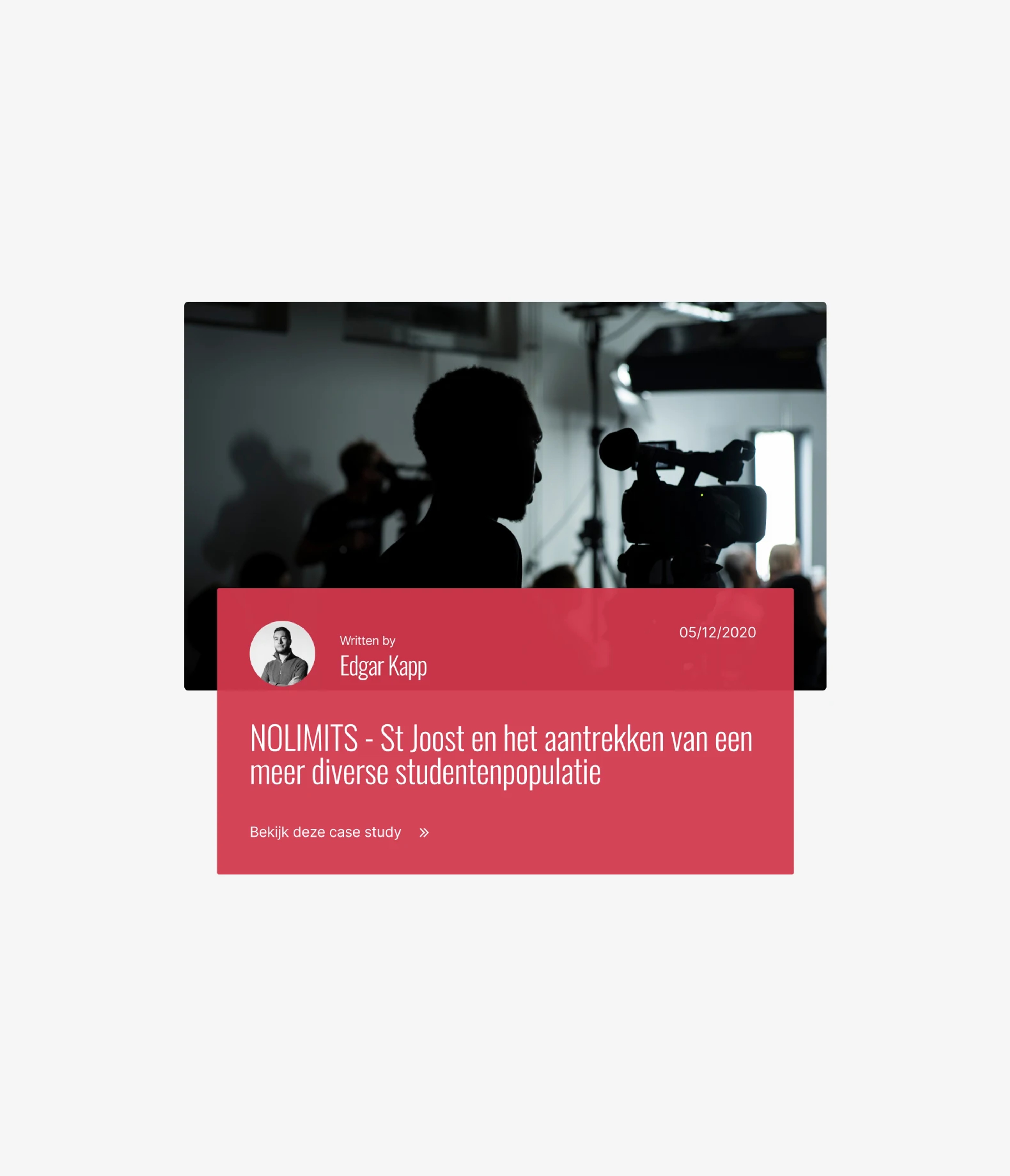 Wedowe case study card for the NOLIMITS St Joost project, with author Edgar Kapp and a film-set photo