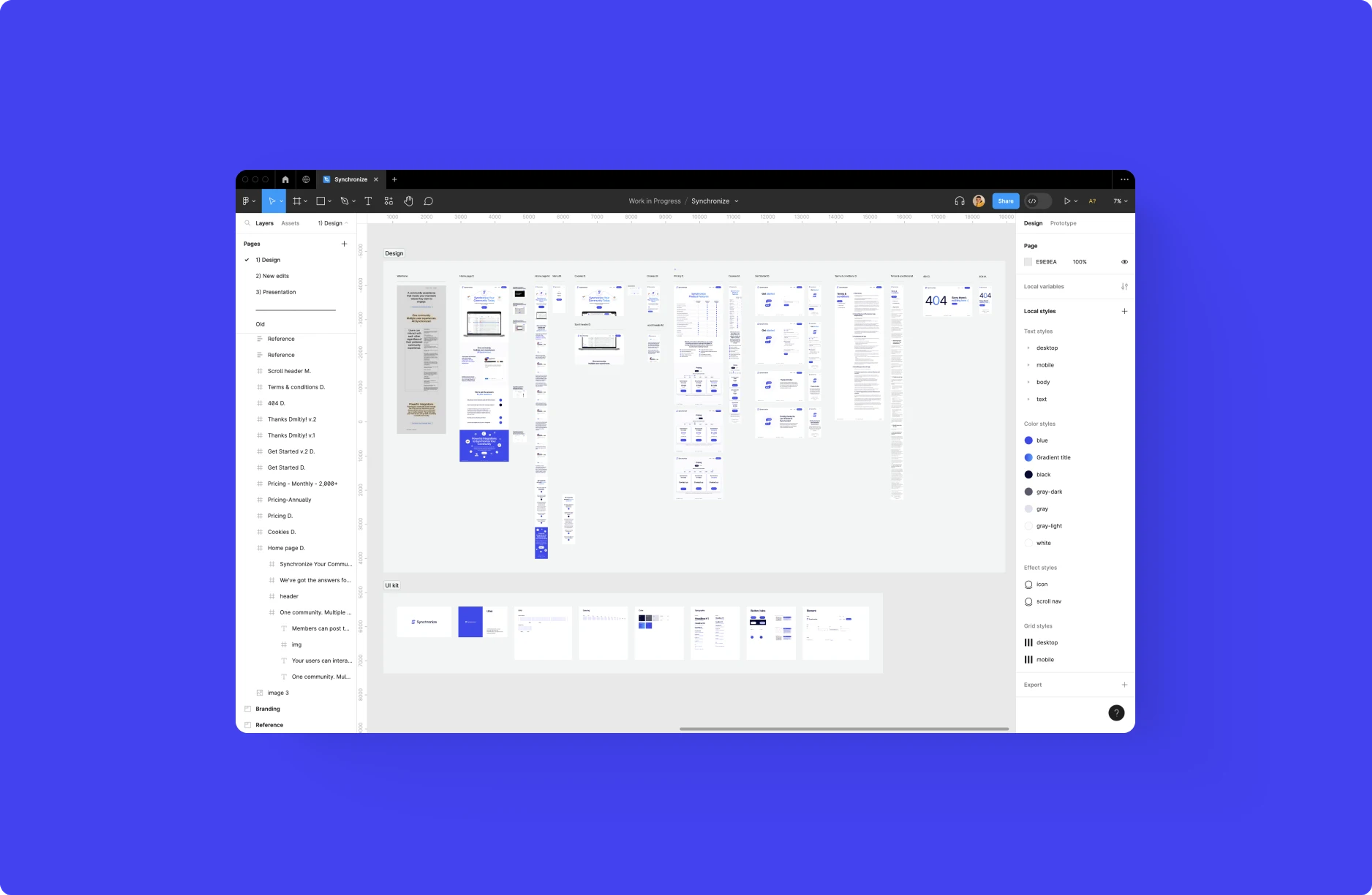 Synchronize design file in Figma showing the full set of page layouts and components