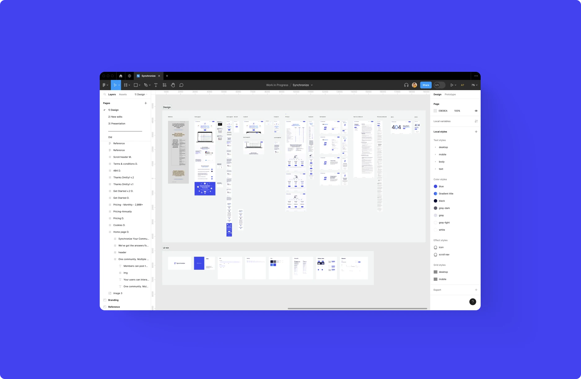 Synchronize design file in Figma showing the full set of page layouts and components