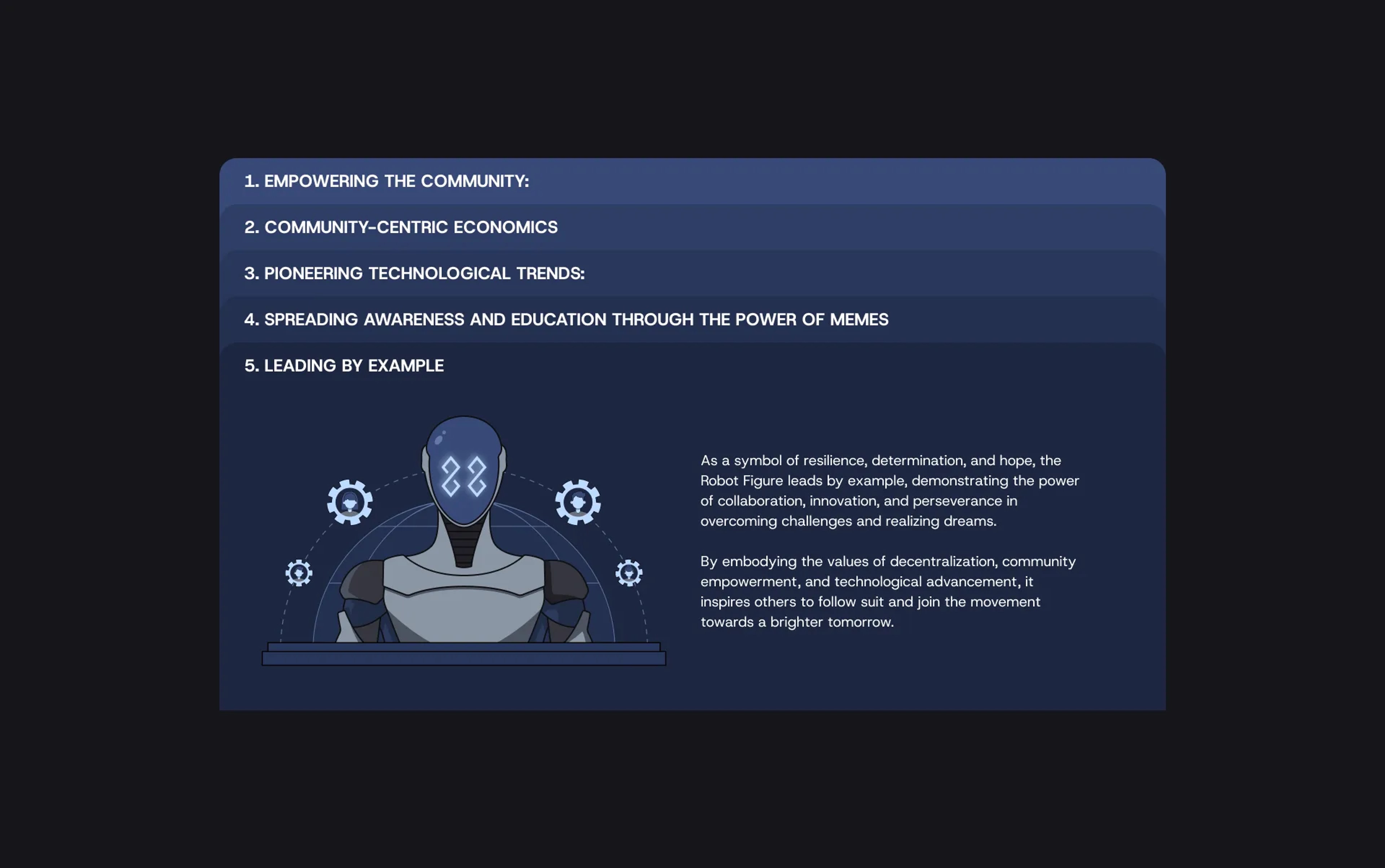Robot Figure website accordion of five values, with the mascot illustration for Leading by Example