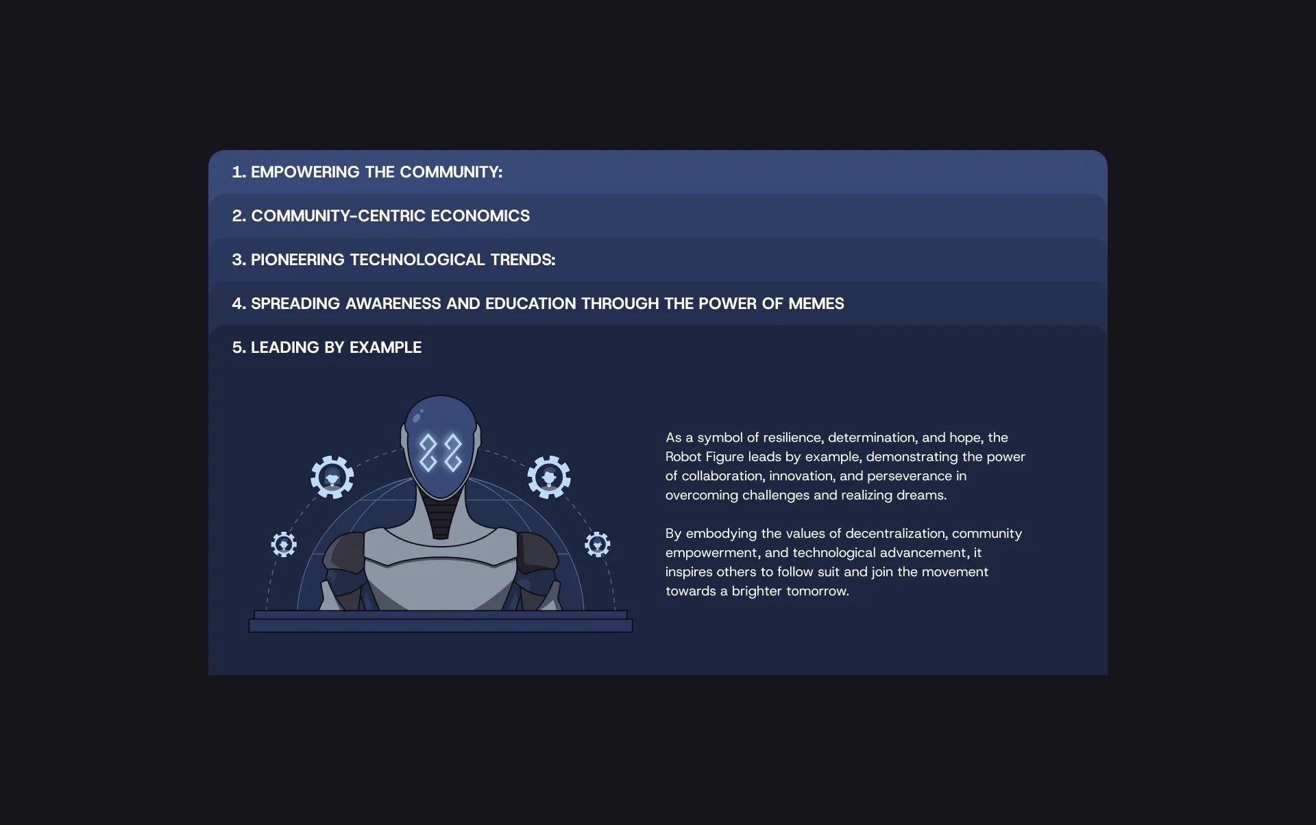 Robot Figure website accordion of five values, with the mascot illustration for Leading by Example