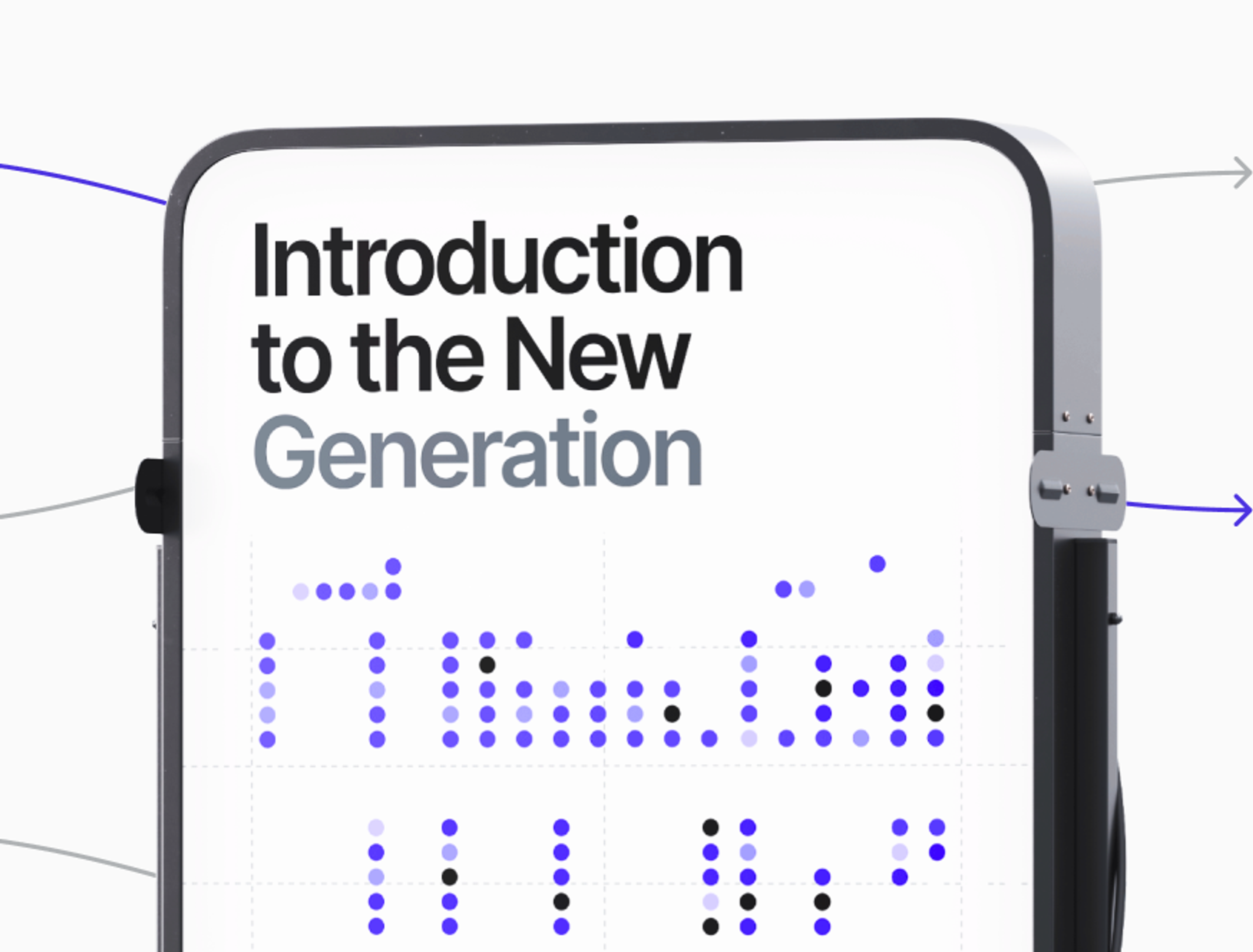 New-generation website intro on a tablet: bold headline over a purple dot-matrix pattern