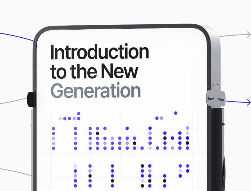 Product screen mockup with “Introduction to the New Generation” headline and purple dot-matrix graphic