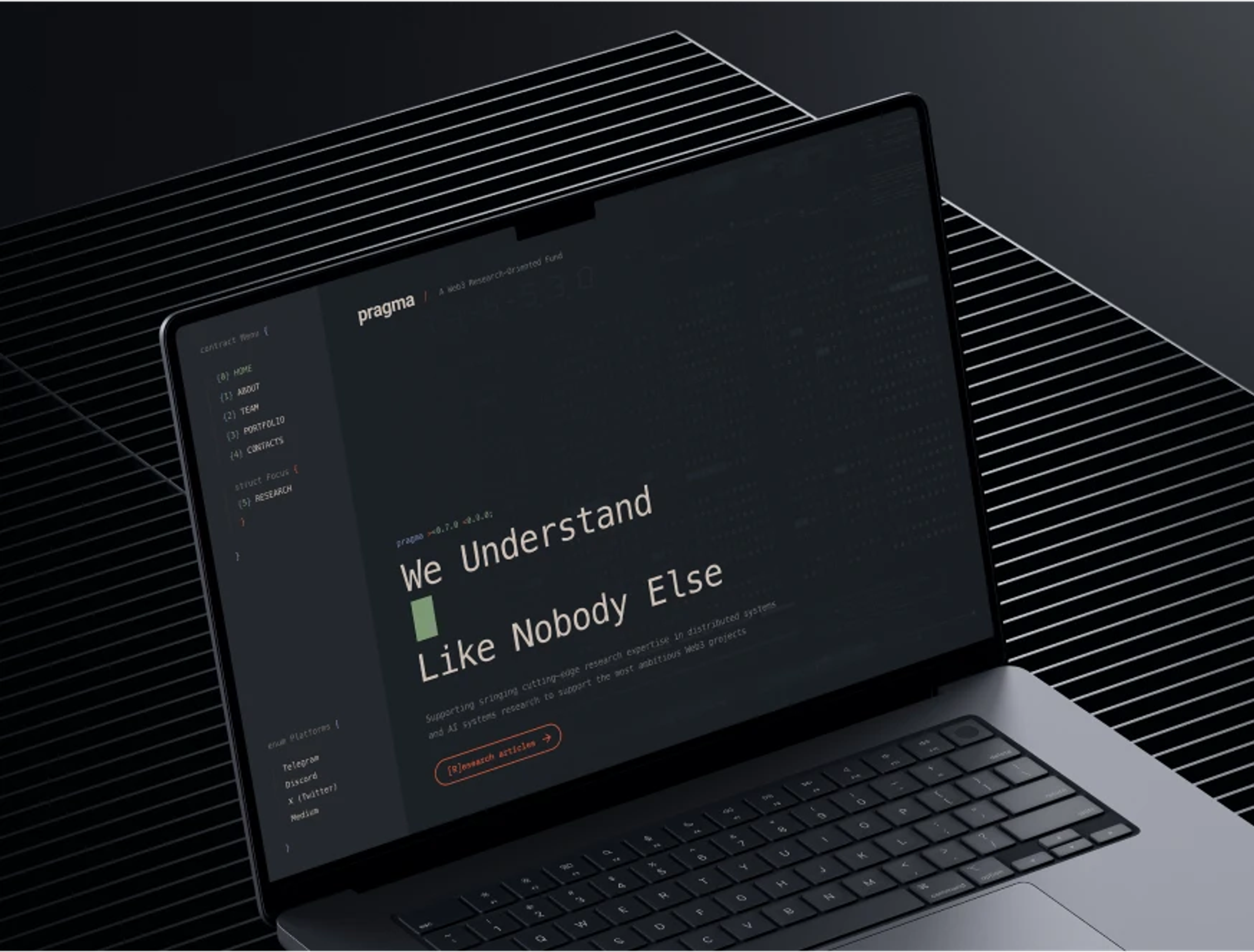 Pragma website on a laptop: dark coding-style hero reading 'We Understand Like Nobody Else'