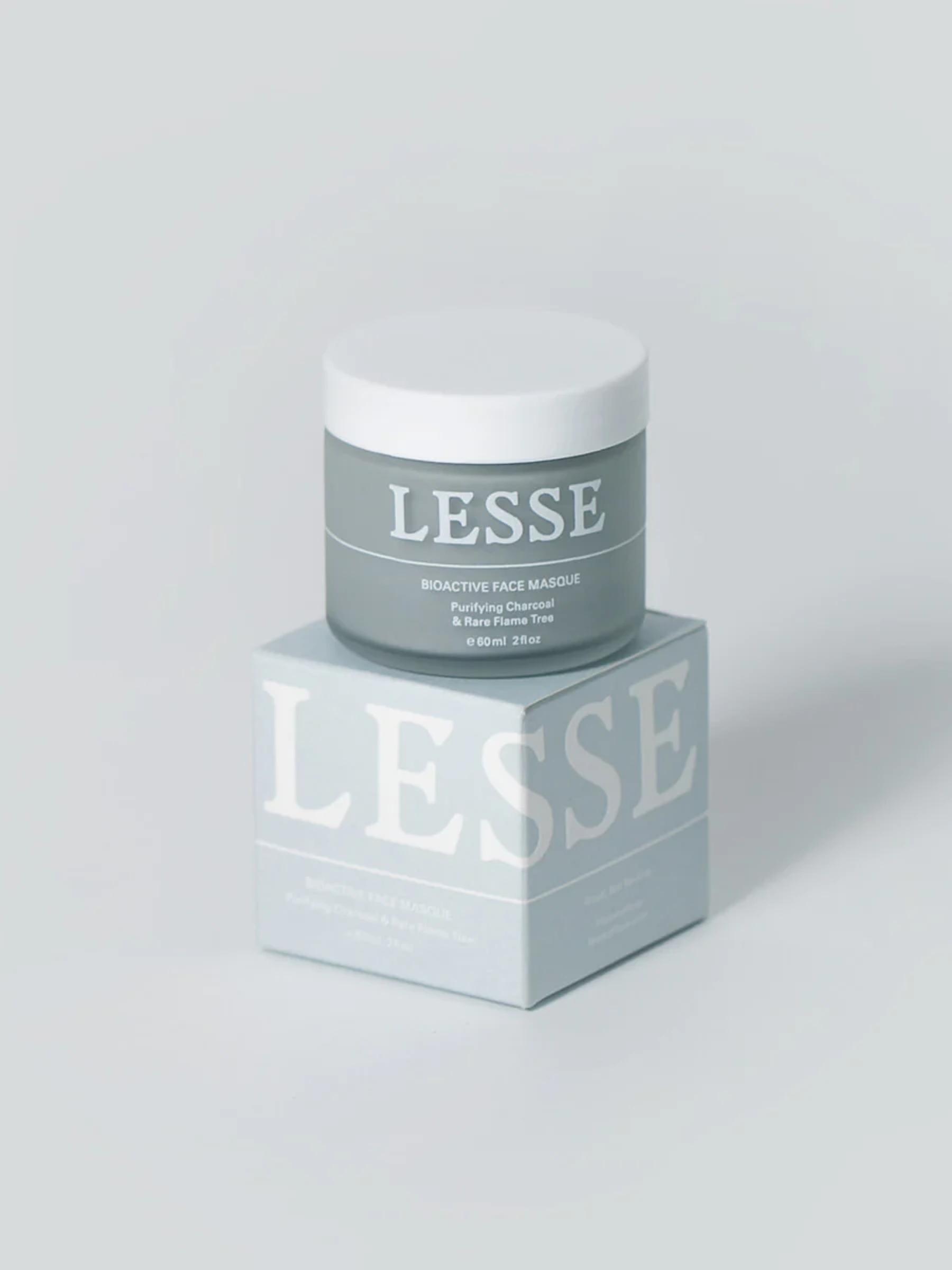 LESSE Bioactive Face Masque jar on matching box. Grey jar, white lid. Sustainable packaging for organic charcoal mask.