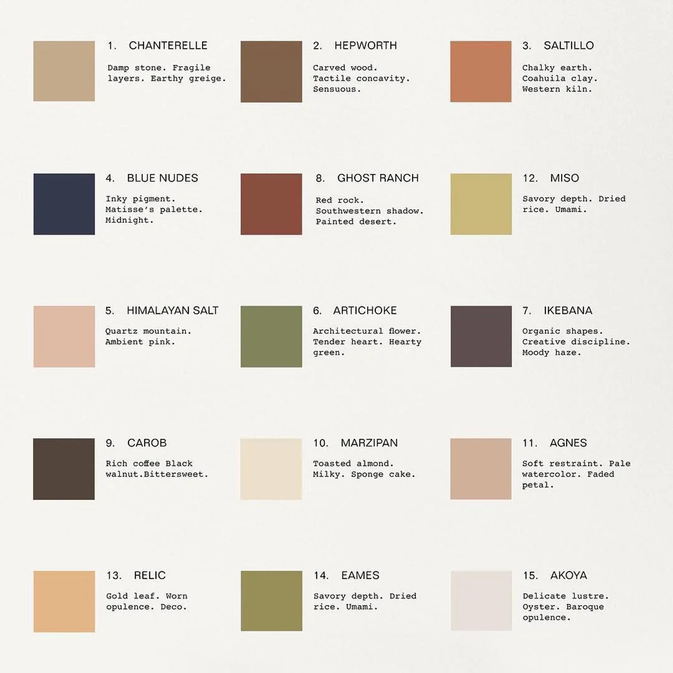 Collection of 15 square colour swatches with names and descriptions. Range from earthy tones to vibrant shades.