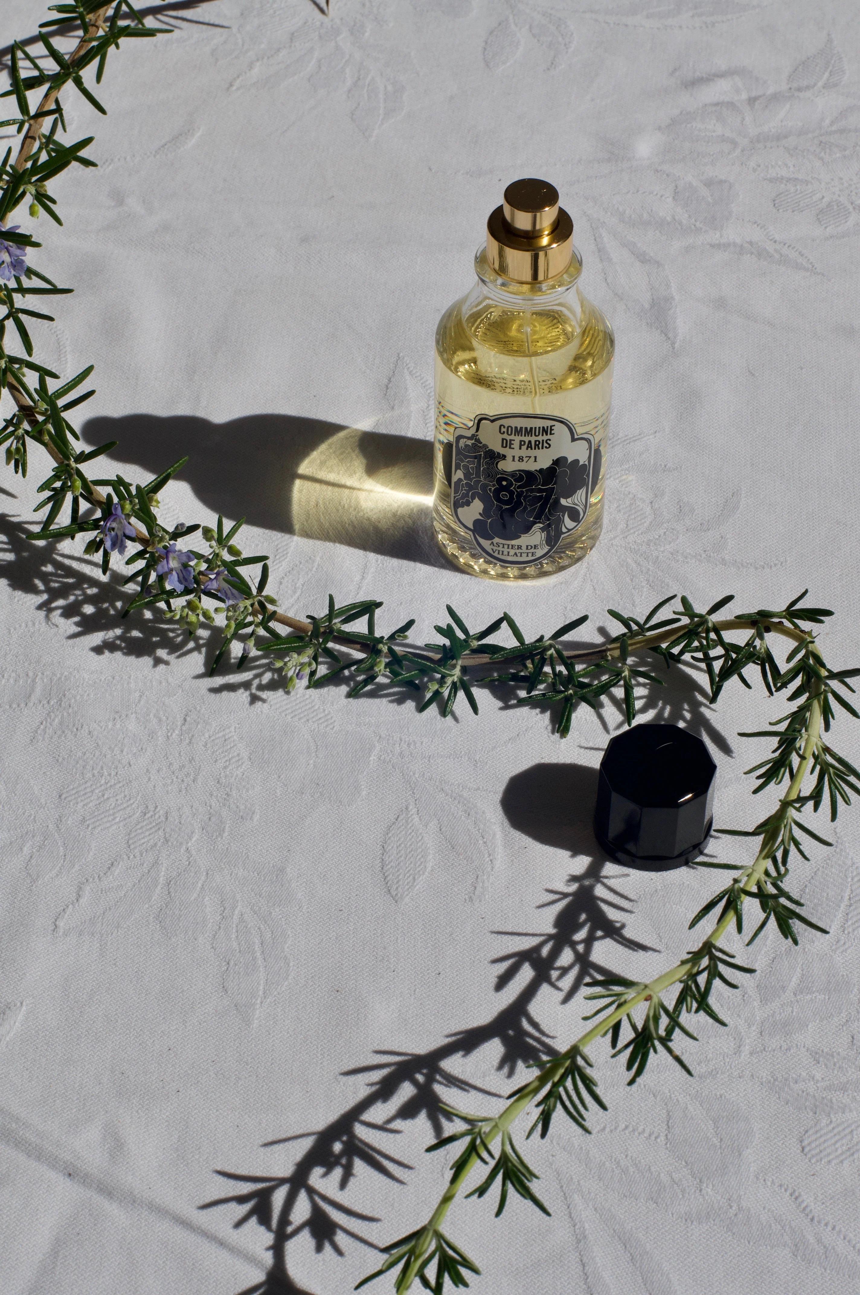 Glass perfume bottle with vintage label and gold cap on white cloth, casting a shadow. A sprig of rosemary with small purple flowers encircles the bottle, adding elegance.