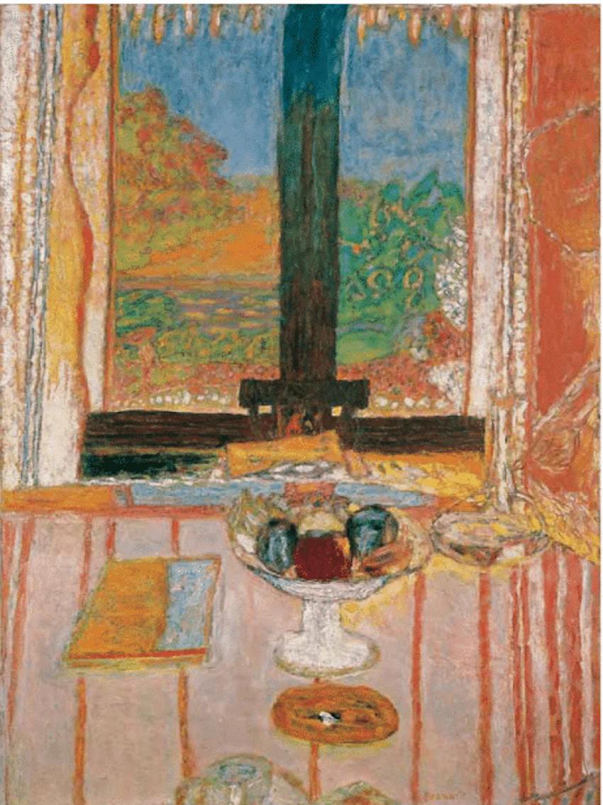 Bonnard painting: Window view of lush greenery. Inside, table with fruit bowl, book, and objects in warm sunlight.