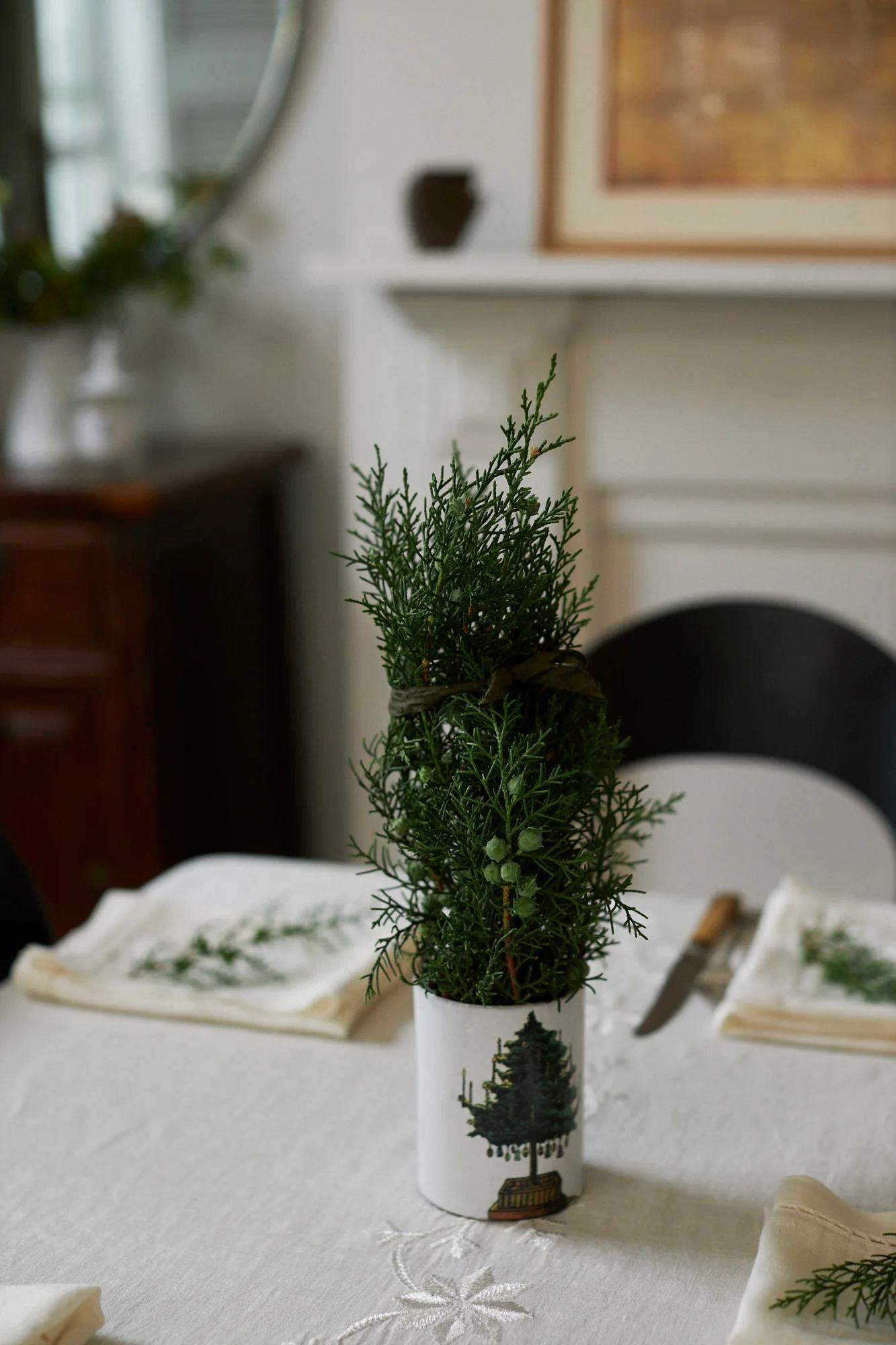 A mini Christmas tree-like plant centres the dining table. The pot features a tree illustration. A wooden sideboard and framed picture are visible behind.