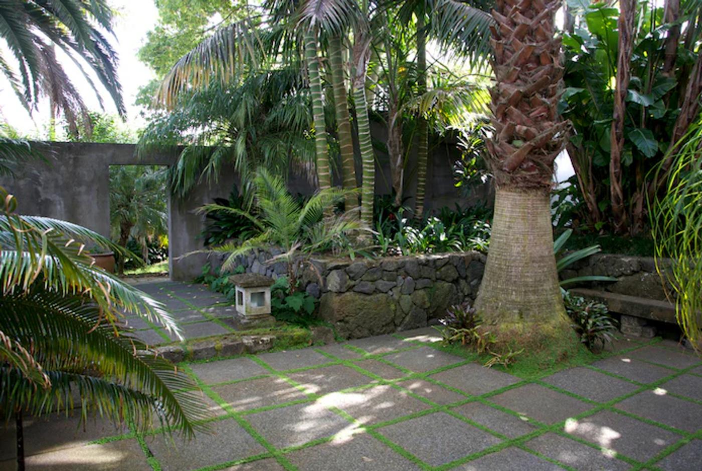 Tropical garden path with moss-lined stones. Stone lantern by Rachel Carley centres the scene. Doorway filters light, creating secluded ambiance.