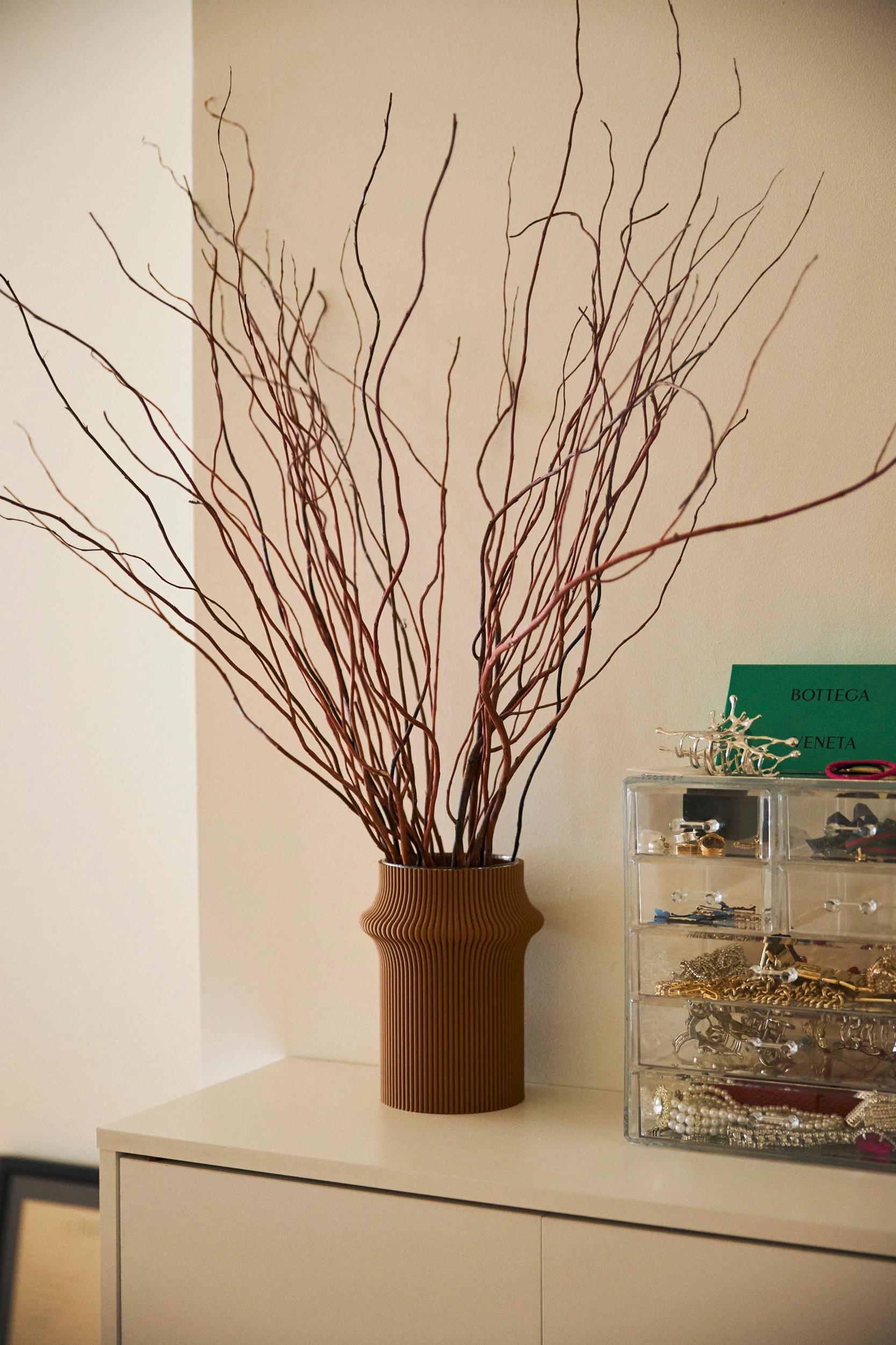 Tall branches in brown vase on light cabinet. Acrylic jewellery organiser and green book nearby.