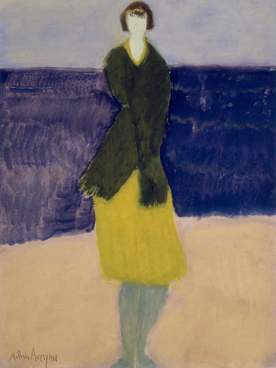 Milton Avery painting of an abstract figure in a green coat and yellow skirt standing on a beach. The deep blue ocean and pale sand background evoke serenity and contemplation.