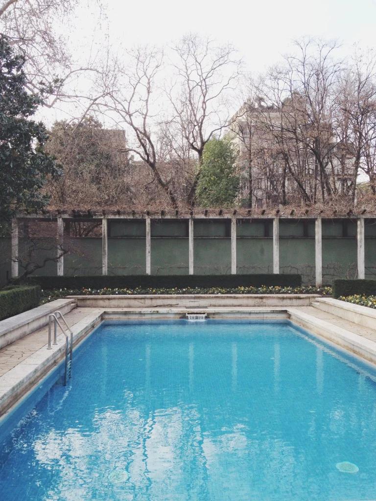 Blue rectangular pool with white tiles. Green wall and vine-covered fence behind. Leafless trees and buildings under overcast sky reflect R+D.LAB's vision.