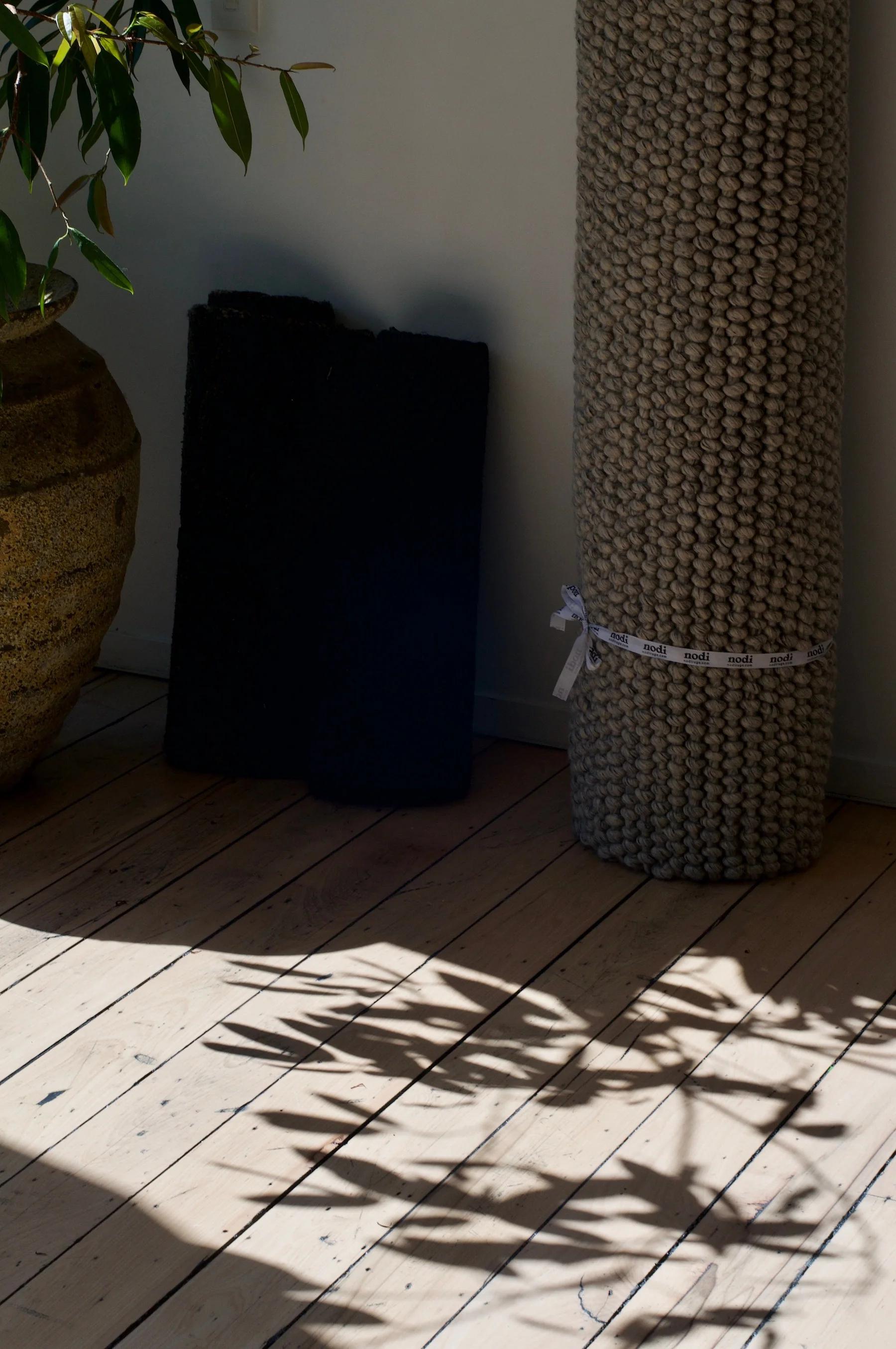 Rolled beige rug and black doormats against white wall. Large pot casting shadows on wooden floor in sunlight.