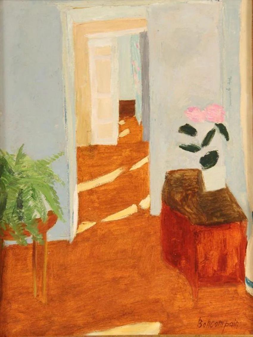 Painting: Sunlit hallway with open door. Brown floor, green fern, and wooden table with flowers. Bright patches of sunlight create cosy atmosphere.