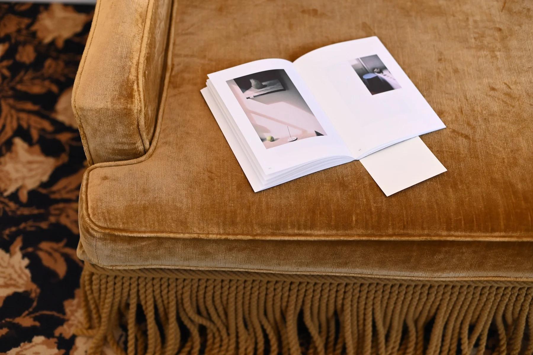 Open book on golden-brown velvet ottoman. Abstract images on visible pages. Floral-patterned carpet partially visible.