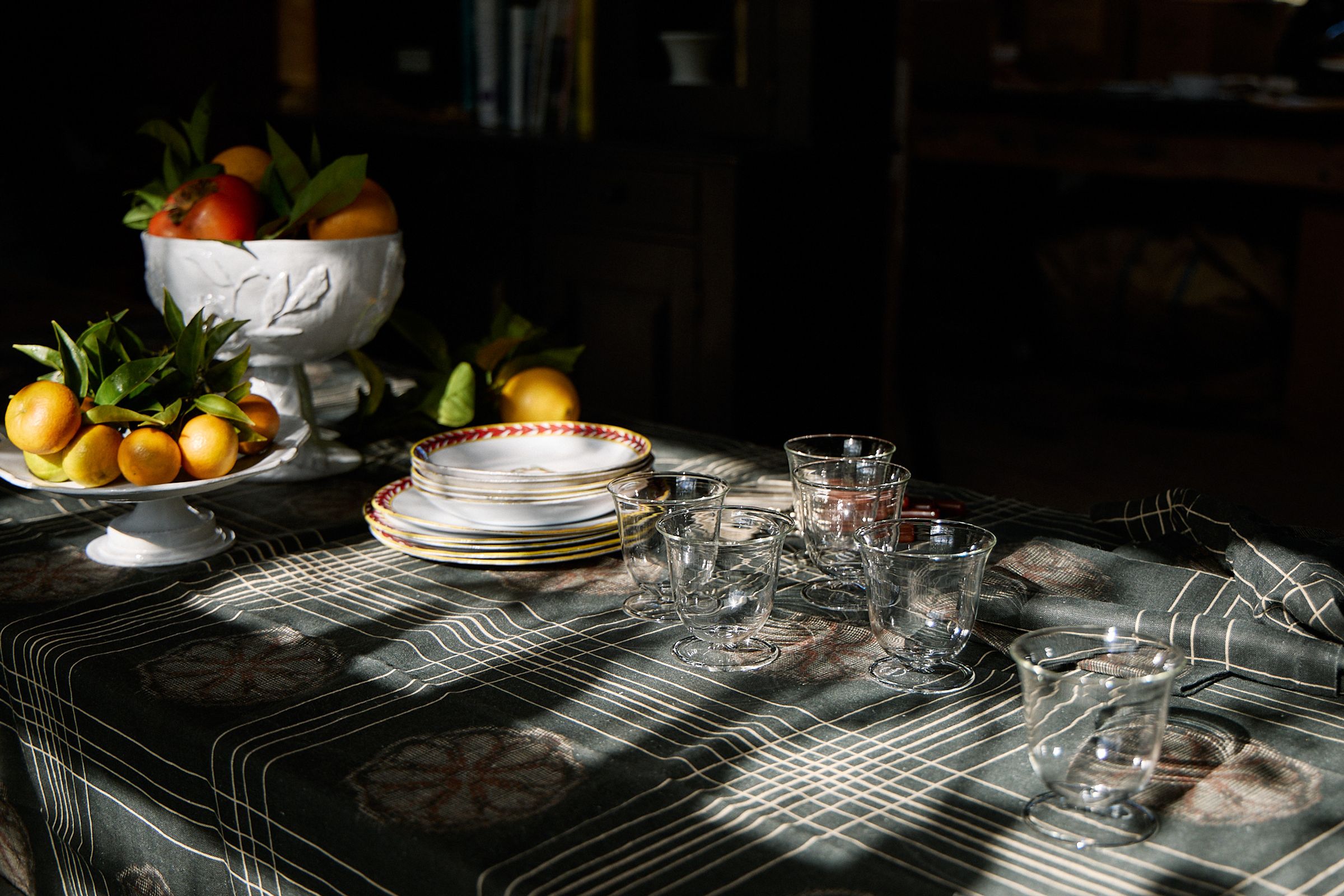 Table set with plates and glassware in sunlight