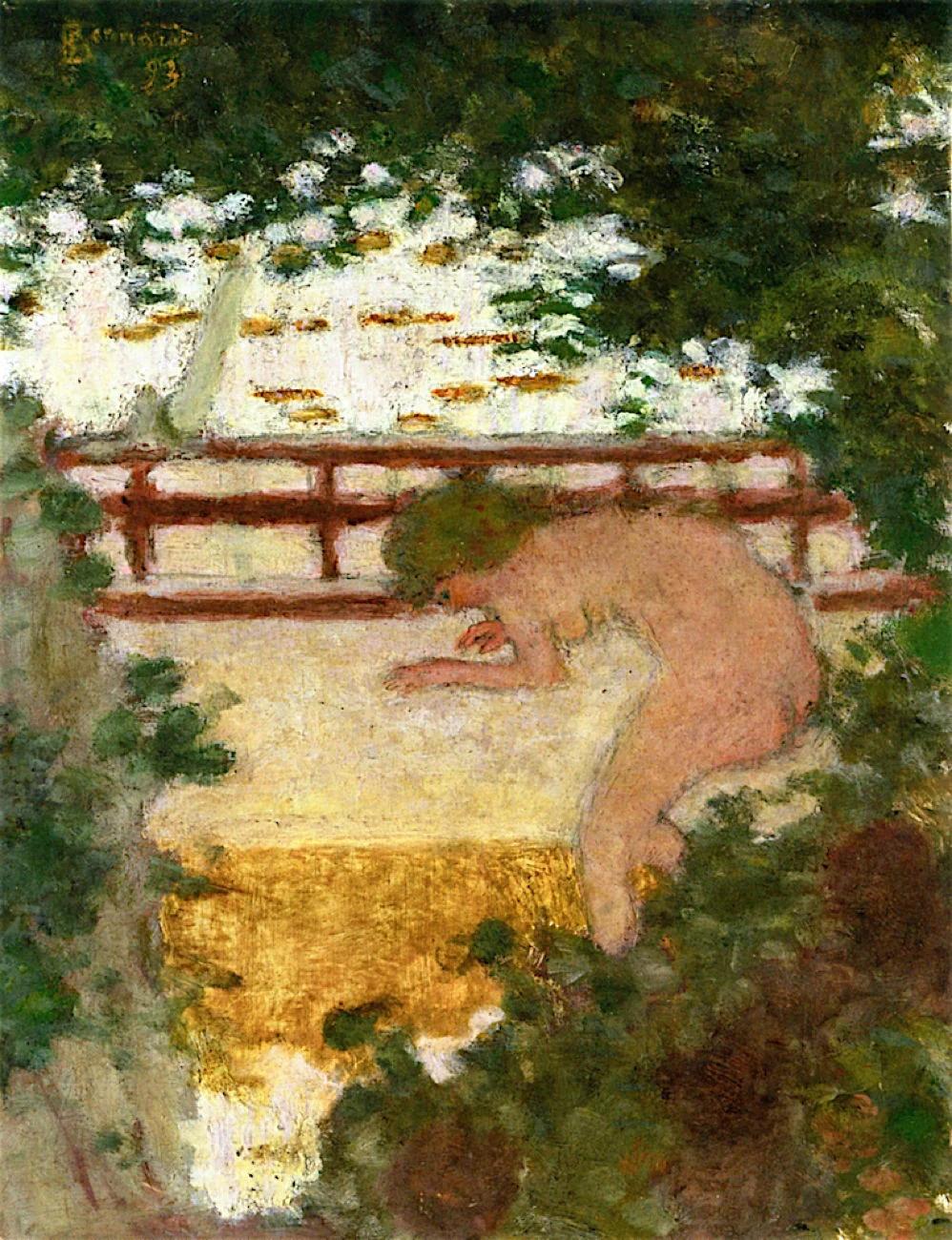 Bonnard painting: Nude figure leaning forward in leafy green setting. Wooden railing in background. Soft, impressionistic brushstrokes.