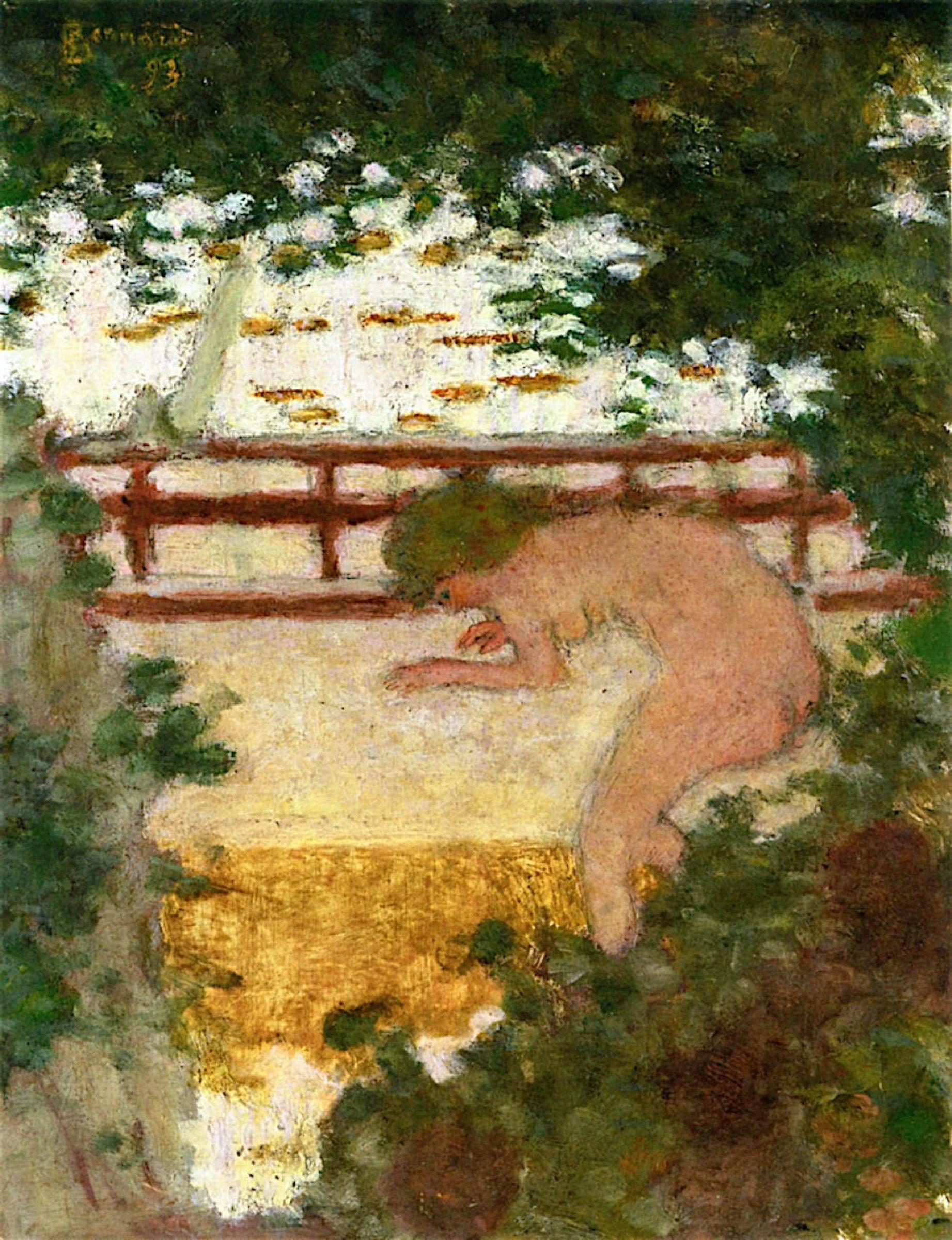 Bonnard painting: Nude figure leaning forward in leafy green setting. Wooden railing in background. Soft, impressionistic brushstrokes.