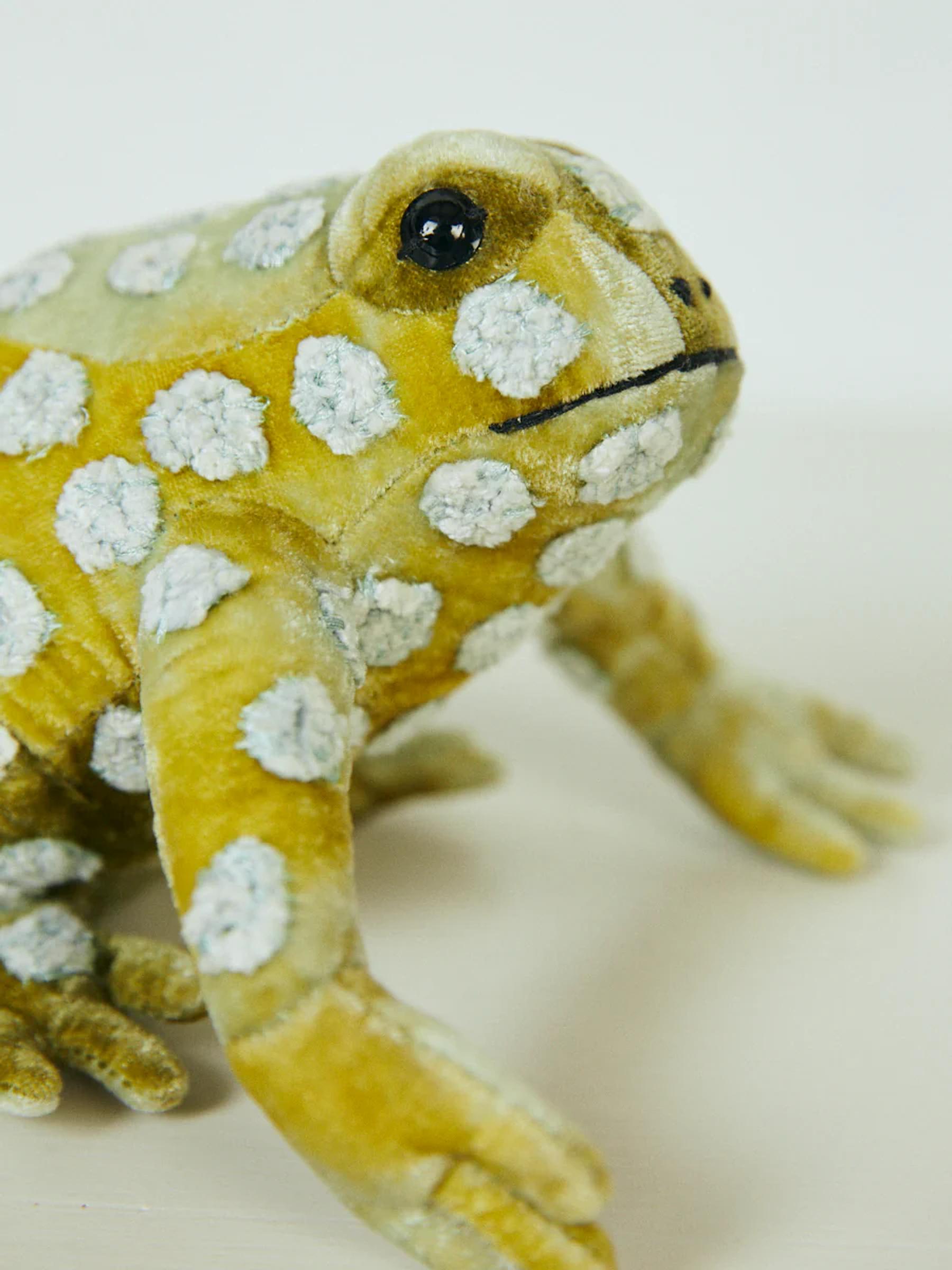 A plush toy toad with yellow-green skin and white spots sits on a light background. The realistic design features dark eyes and exquisite detailing.