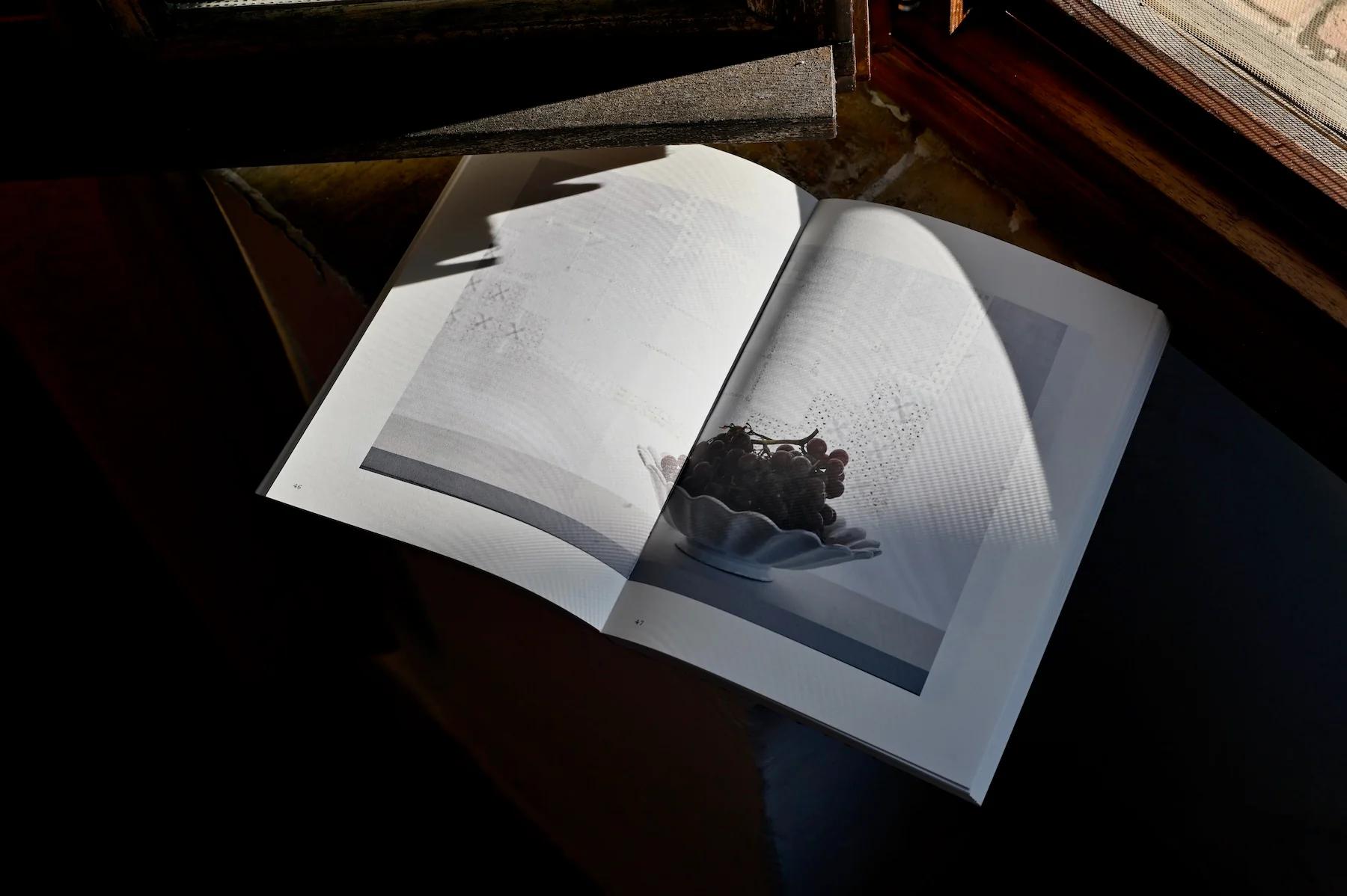 Open book on windowsill with sunlit grape bowl photo. Shadows merge on surface.