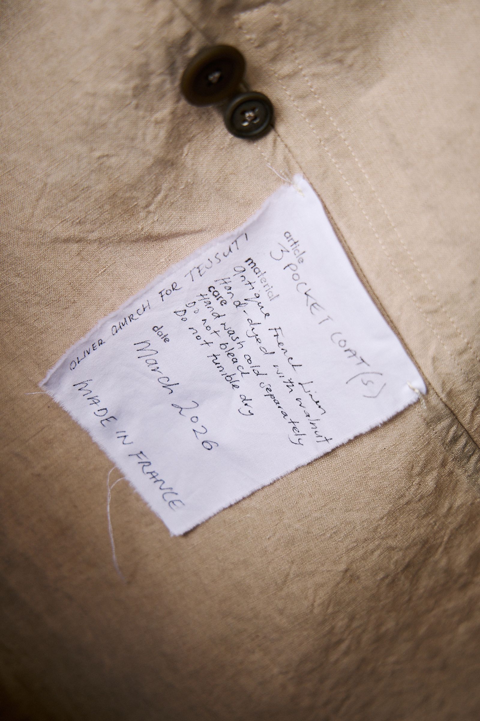 handwritten garment notes by oliver church sewn into his garments for tessuti march 2026