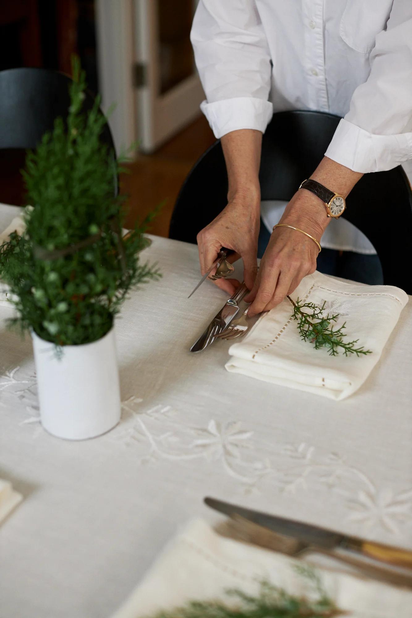 A white-shirted person sets a table, arranging cutlery by a napkin with greenery. A small plant in a white pot acts as the centrepiece.