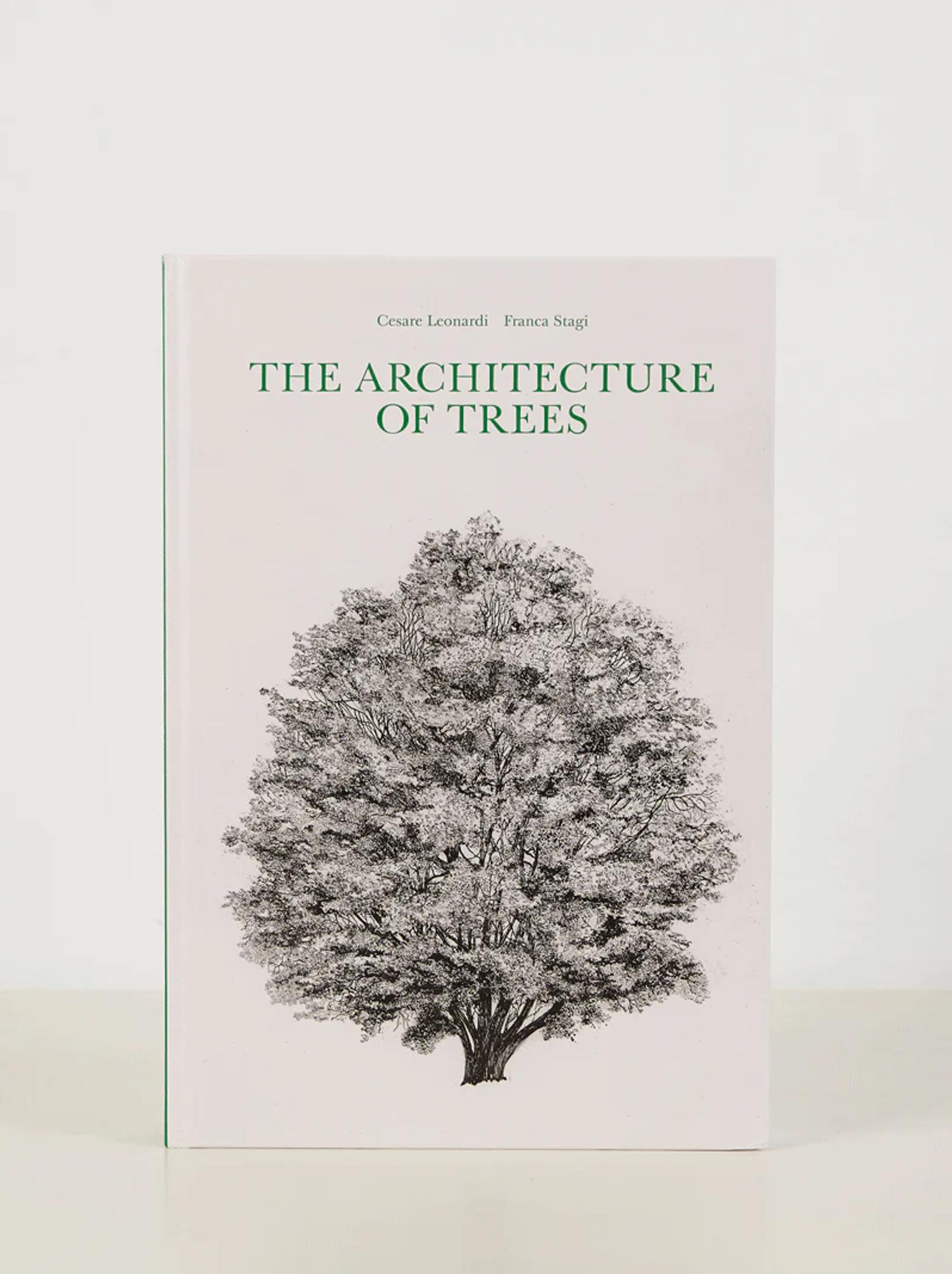 "The Architecture of Trees" by Cesare Leonardi and Franca Stagi, a book cover featuring a detailed black-and-white tree illustration against a plain white background.