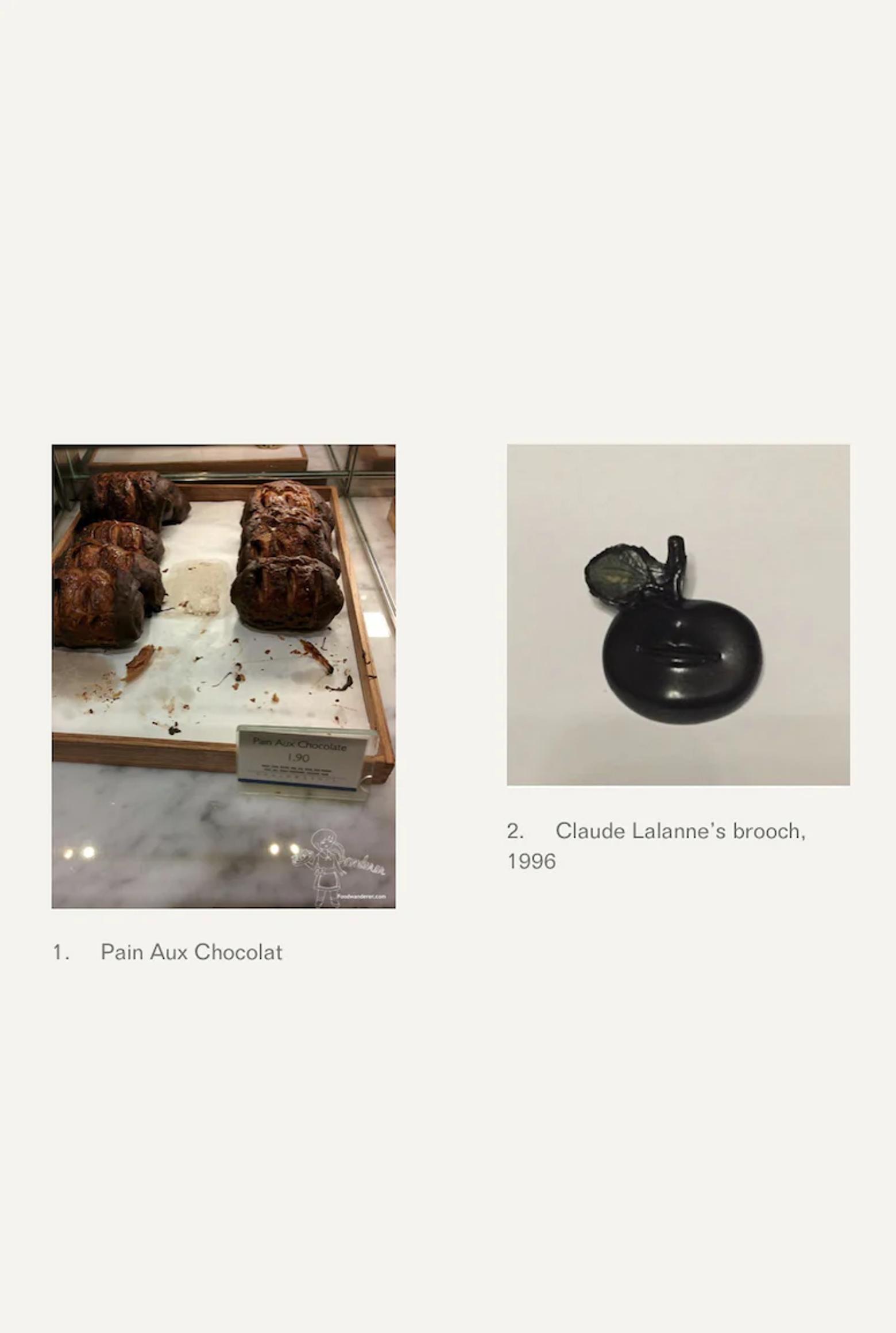 Split image: Pain Aux Chocolat on display, and Claude Lalanne's 1996 brooch resembling small, dark metallic apple.