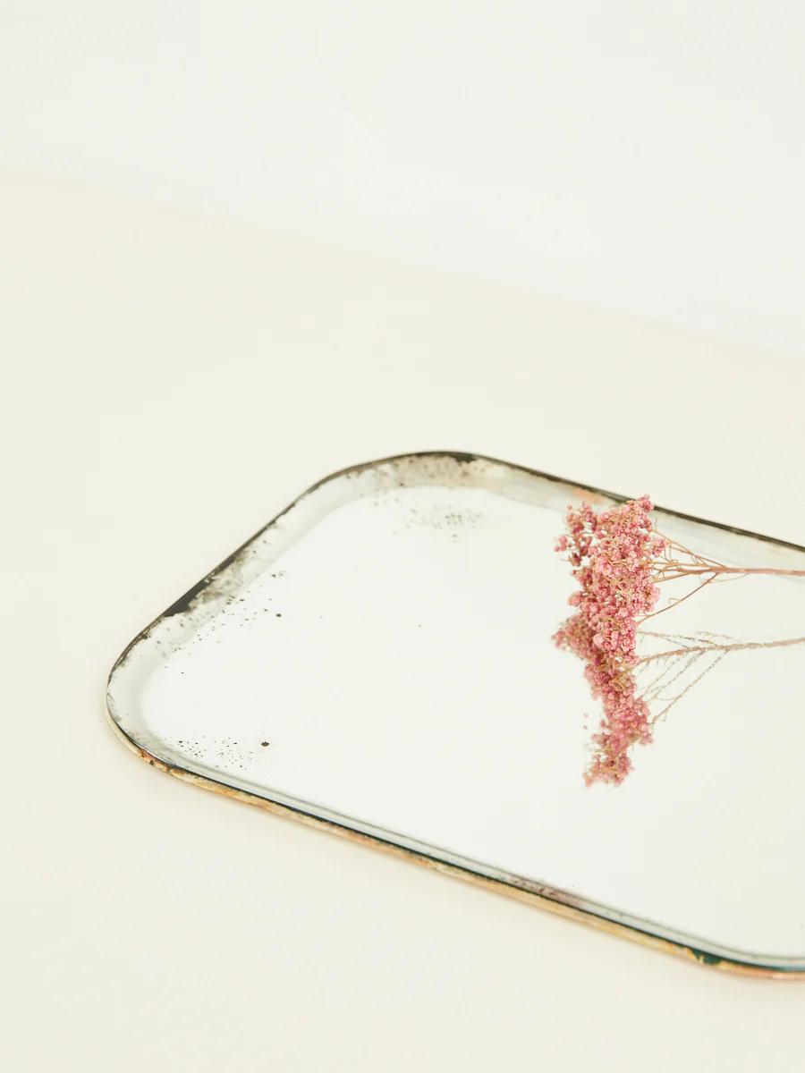 Vintage mirrored tray with tarnished edge. Reflects dried pink flower bouquet. Pale surface.